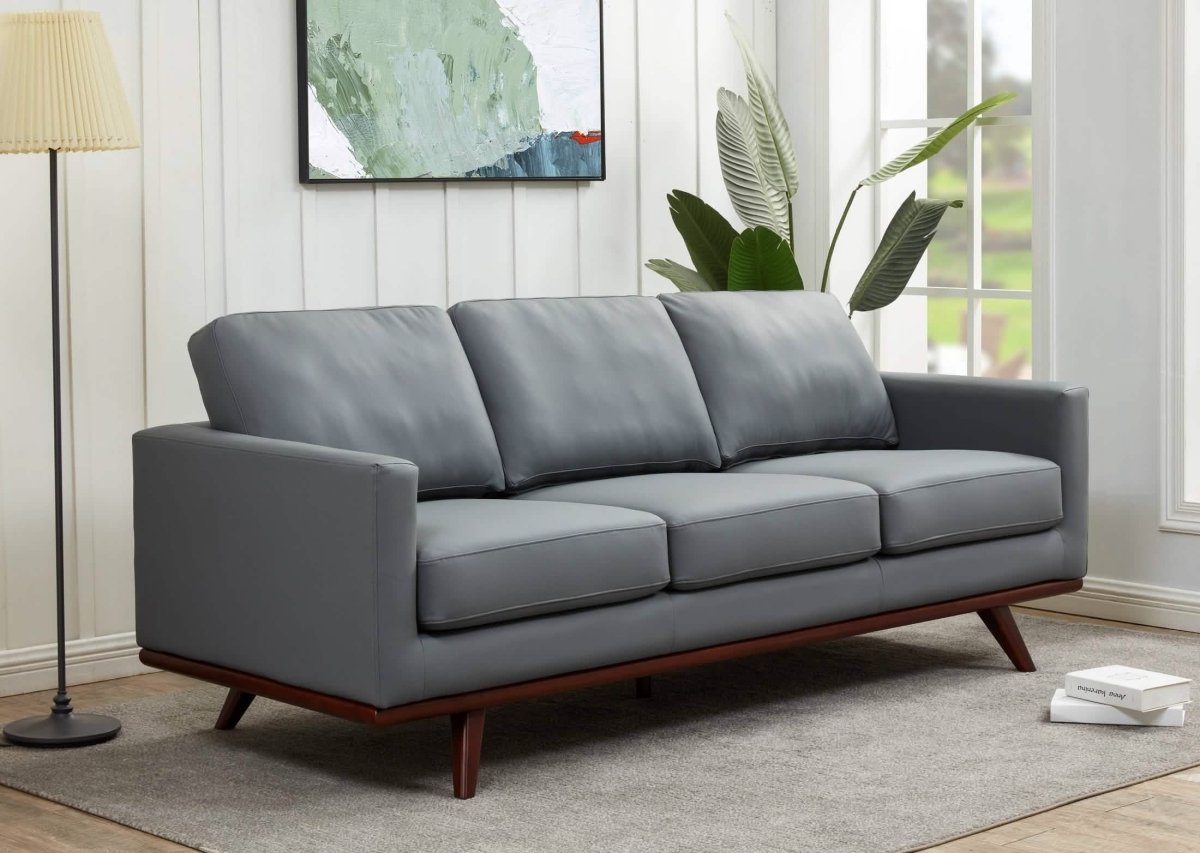 Chester 3-Seater Leather/Mesh Full Size Sofa in Birch Wood Base Leather Grey Sofa Leisuremod