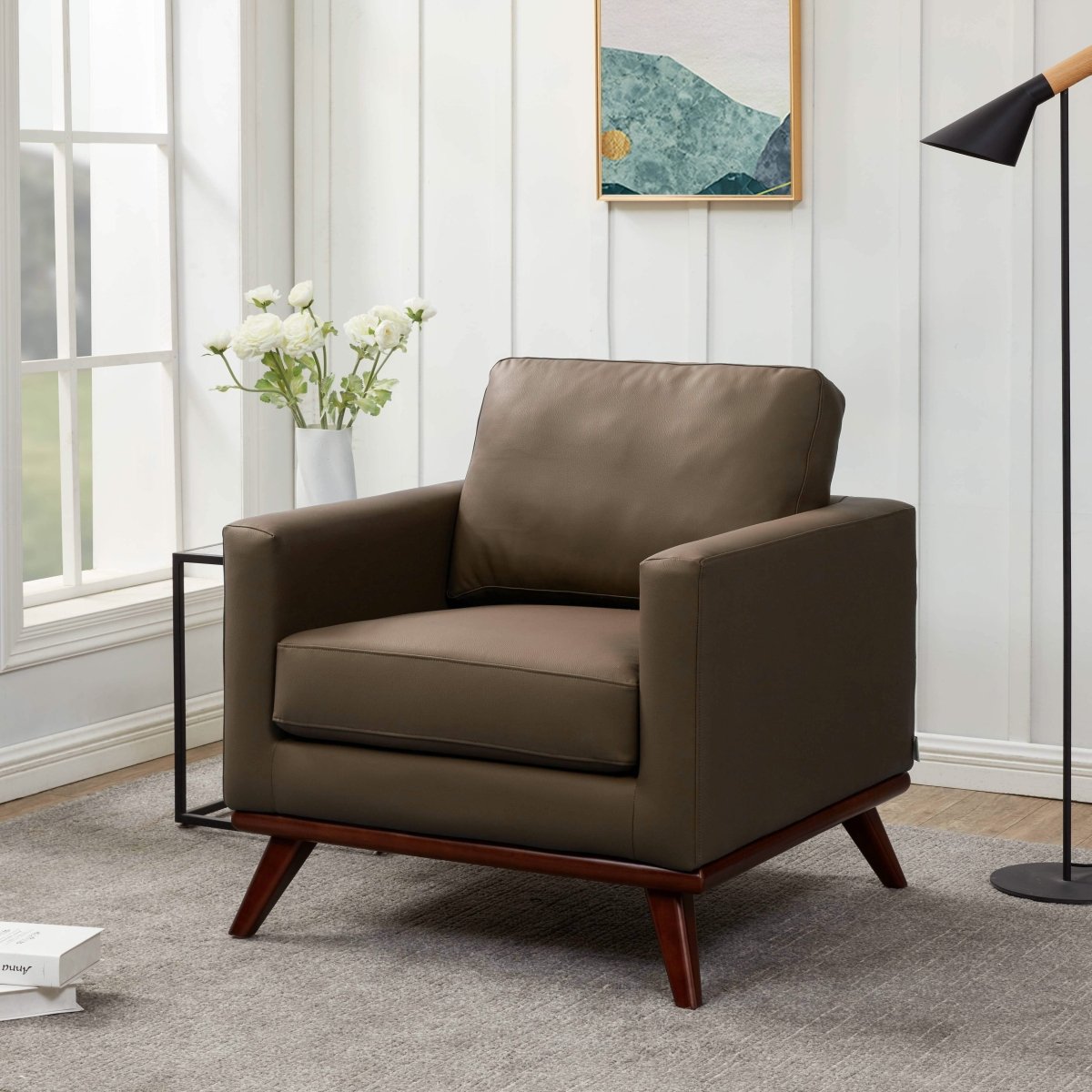 Chester Modern Leather/Mesh Accent Arm Chair With Birch Wood Base Leather Taupe Sofa Leisuremod