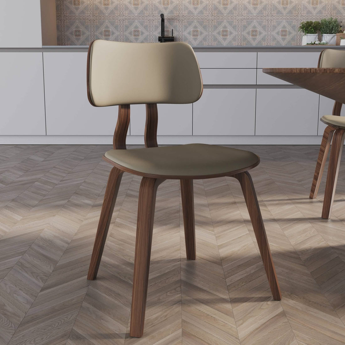 Clivo Modern Wooden Dining Chair Upholstered in Leather With Walnut Color Frame Walnut Light Brown Dining Chair Leisuremod