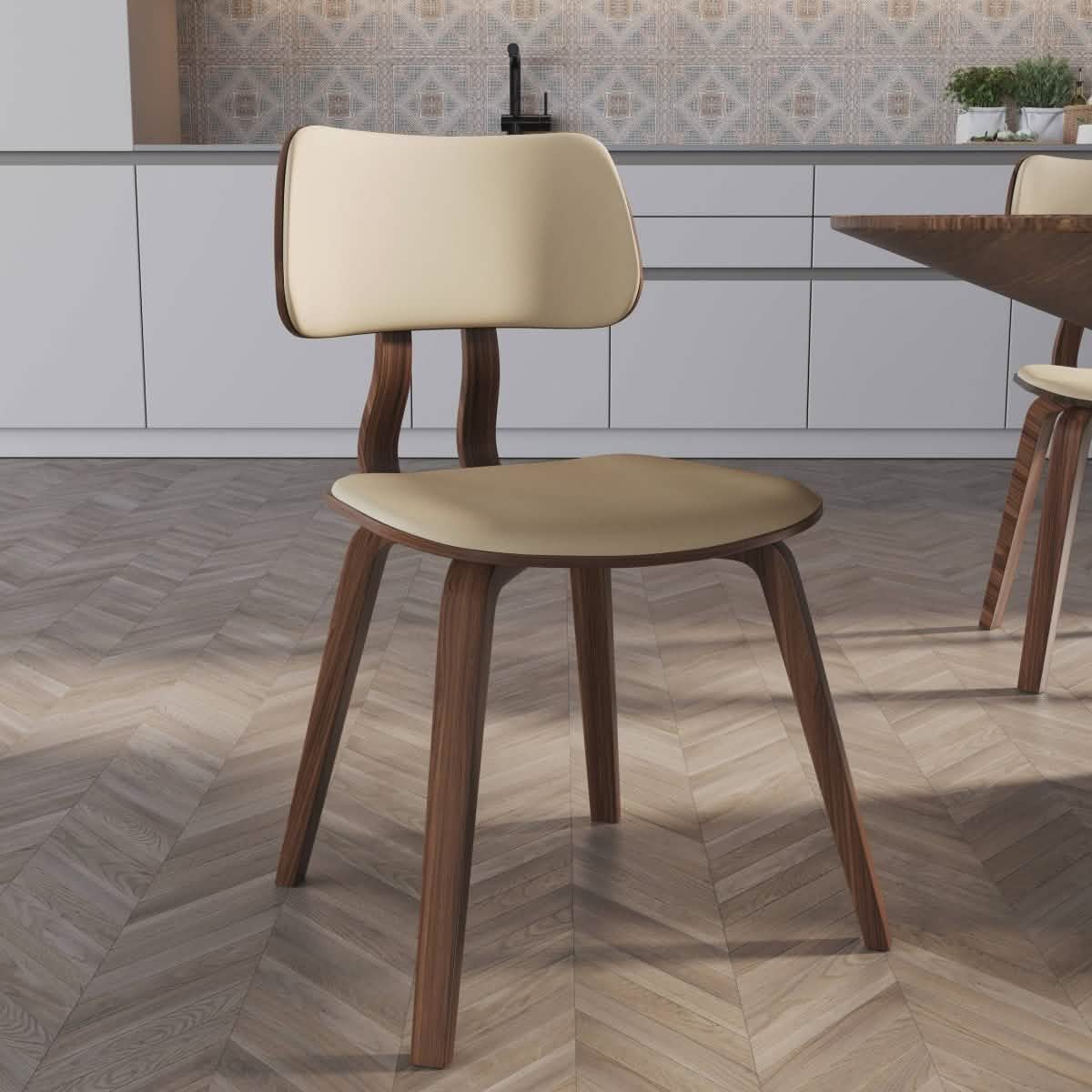 Clivo Modern Wooden Dining Chair Upholstered in Leather With Walnut Color Frame Walnut Cream Dining Chair Leisuremod