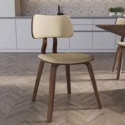 Clivo Modern Wooden Dining Chair Upholstered in Leather With Walnut Color Frame Walnut Cream Dining Chair Leisuremod