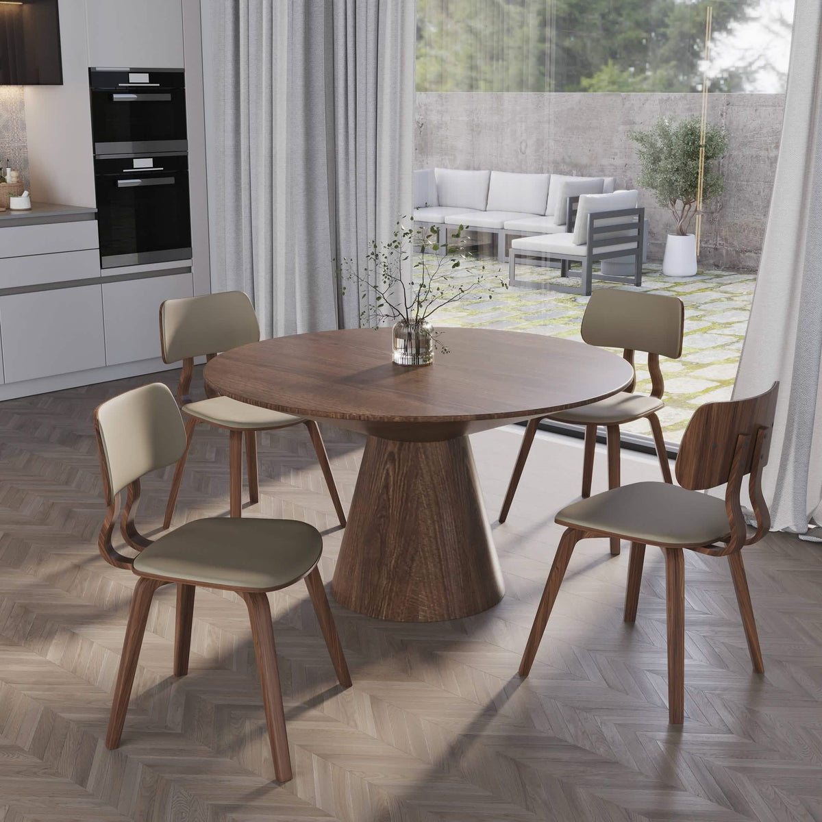 Clivo Modern Wooden Dining Chair Upholstered in Leather With Walnut Color Frame Walnut Light Brown Dining Chair Leisuremod