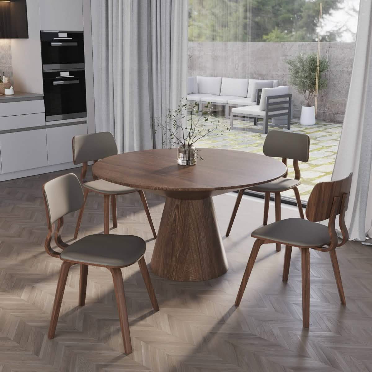 Clivo Modern Wooden Dining Chair Upholstered in Leather With Walnut Color Frame Walnut Light Grey Dining Chair Leisuremod