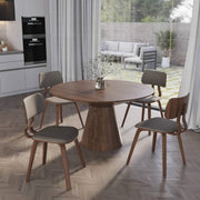 Clivo Modern Wooden Dining Chair Upholstered in Leather With Walnut Color Frame Walnut Light Grey Dining Chair Leisuremod