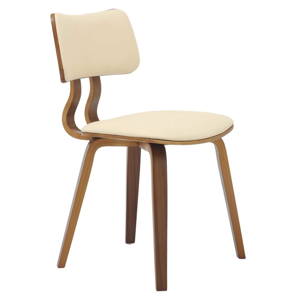 Clivo Modern Wooden Dining Chair Upholstered in Leather With Walnut Color Frame Walnut Cream Dining Chair Leisuremod
