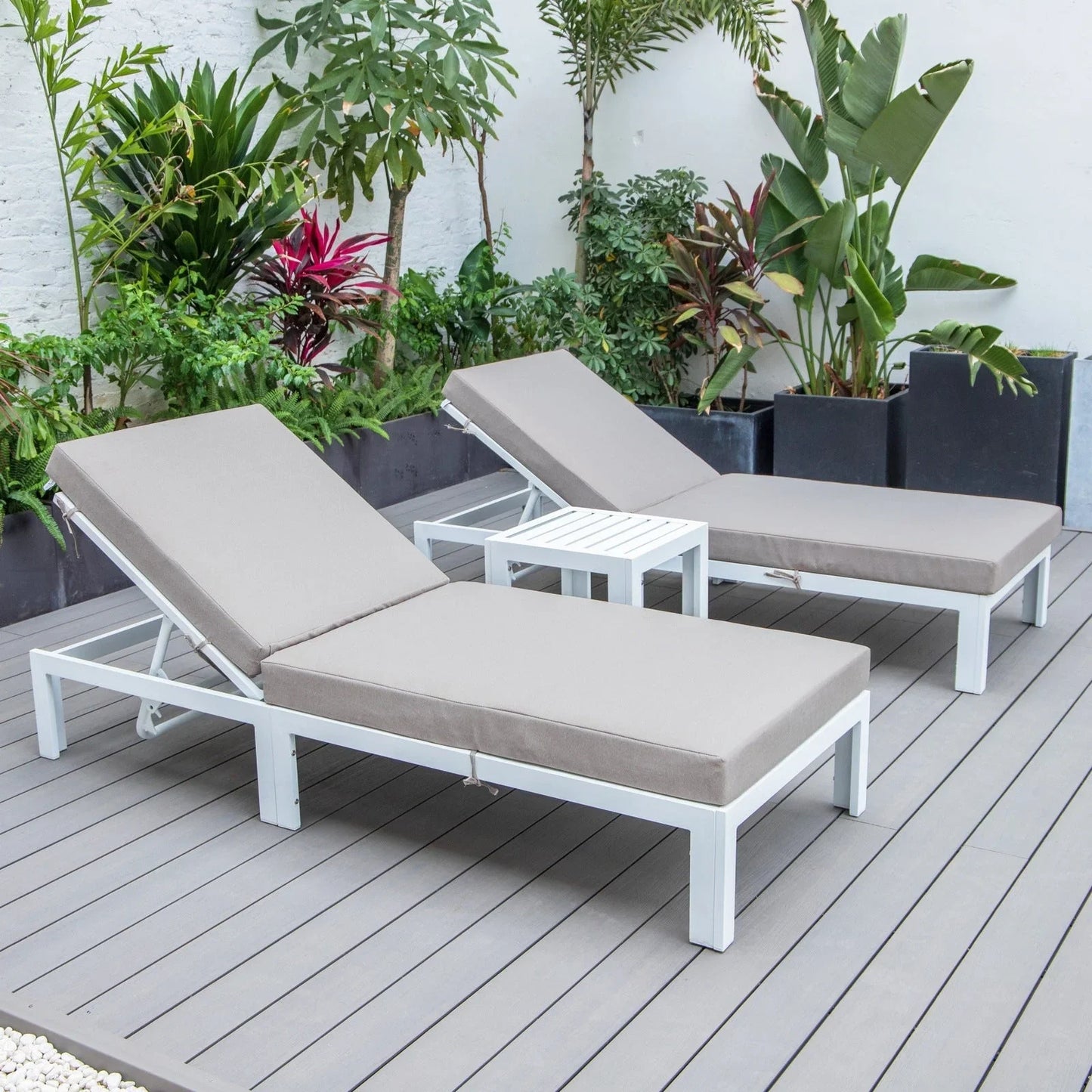 Chelsea Modern Outdoor White Chaise Lounge With Side Table & Cushions Set of Two - Elax Furniture