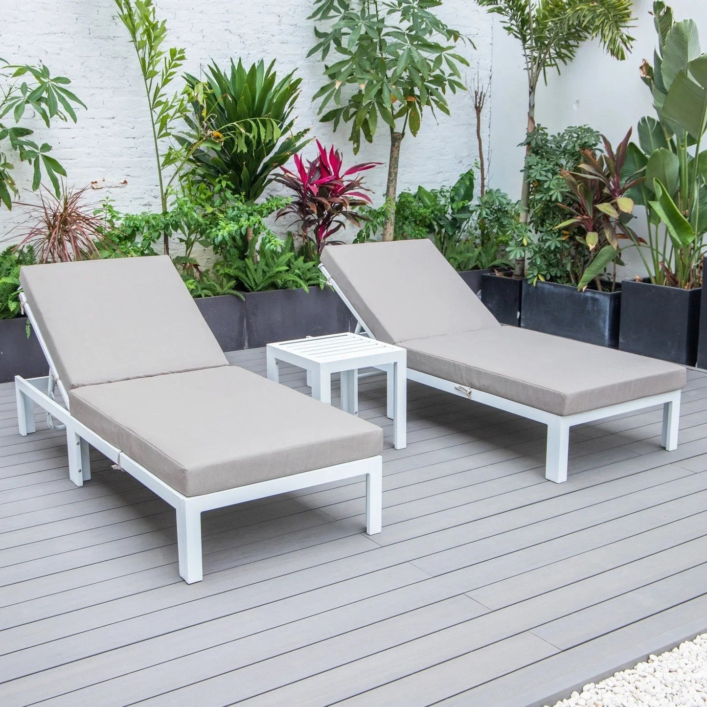 Chelsea Modern Outdoor White Chaise Lounge With Side Table & Cushions Set of Two - Elax Furniture
