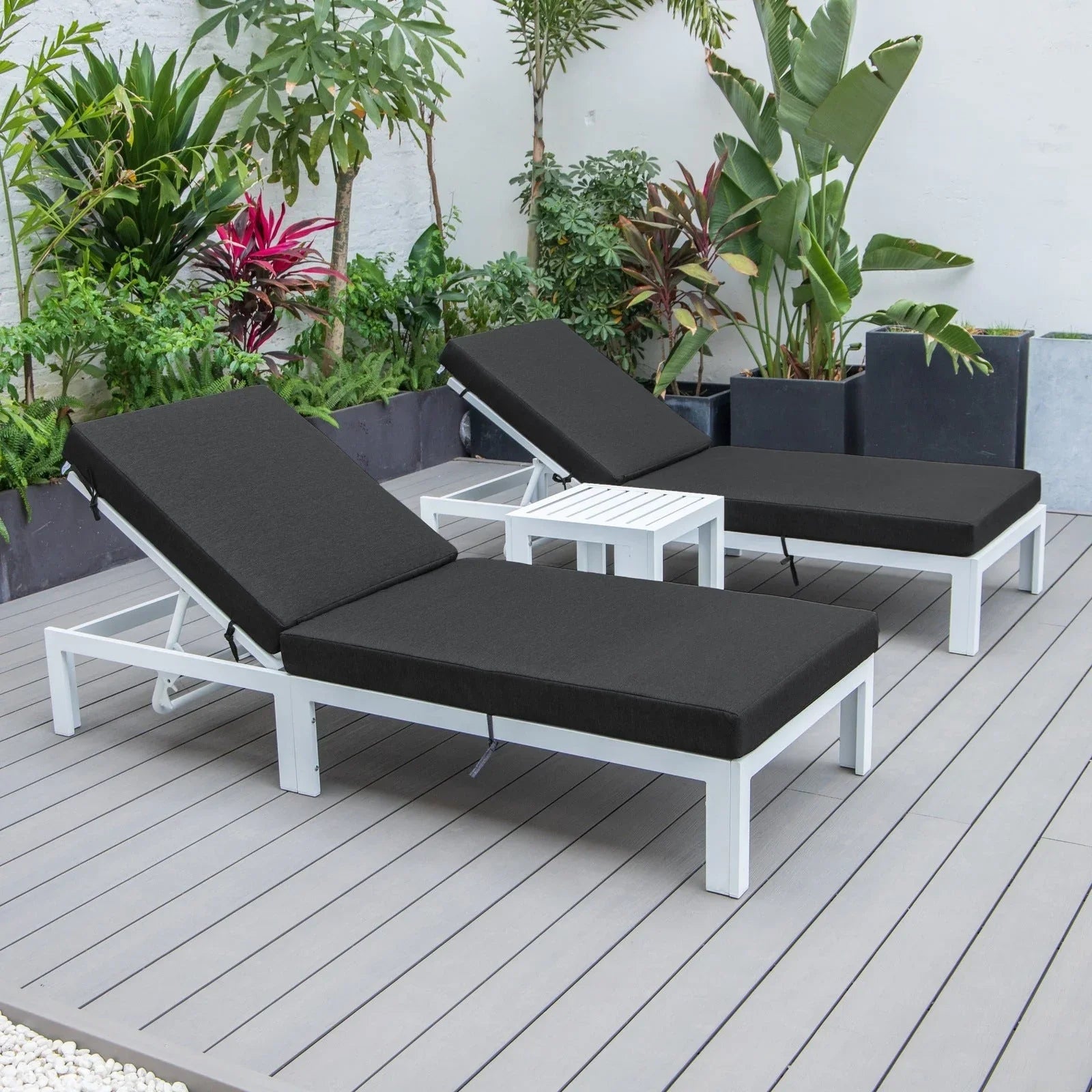 Chelsea Modern Outdoor White Chaise Lounge With Side Table & Cushions Set of Two - Elax Furniture