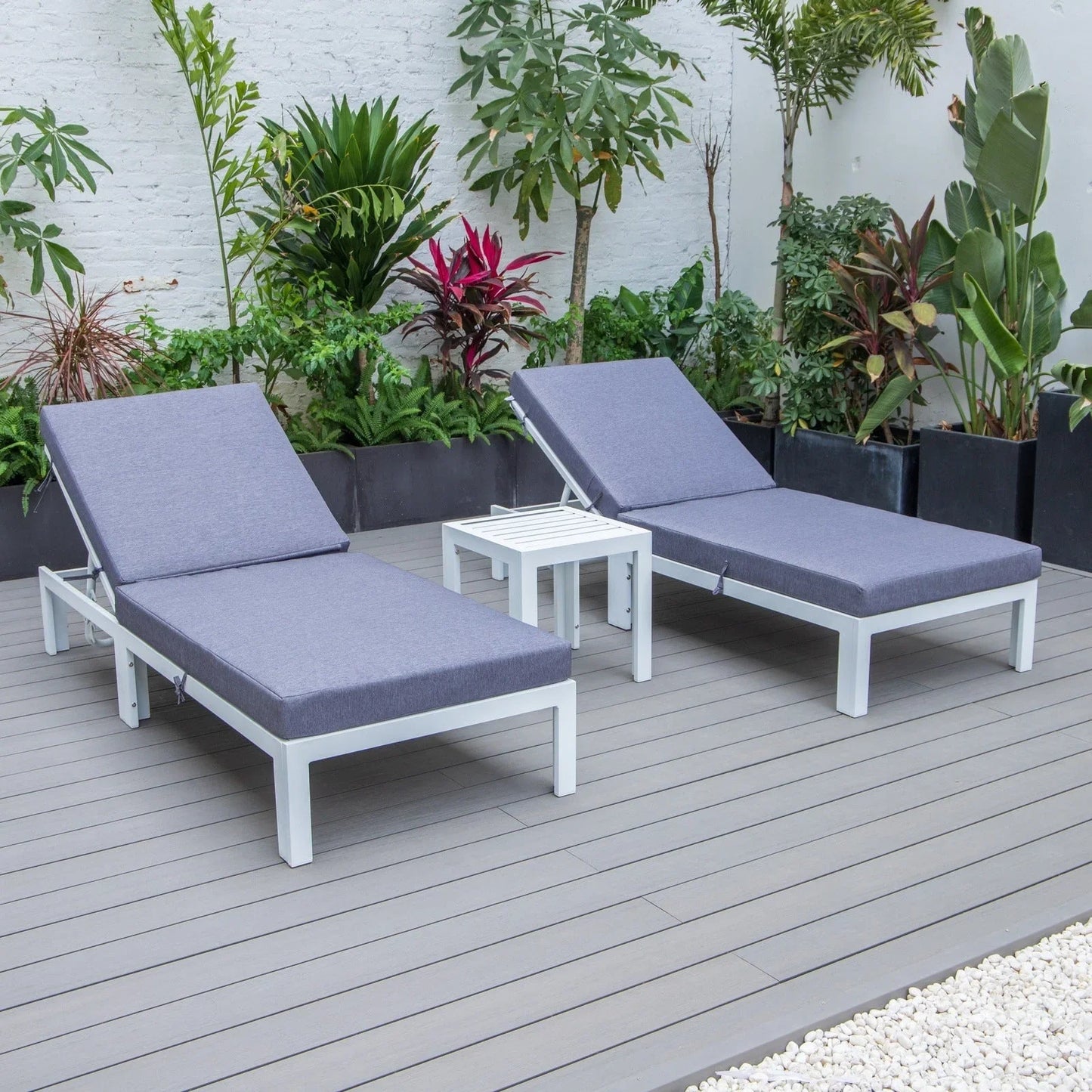 Chelsea Modern Outdoor White Chaise Lounge With Side Table & Cushions Set of Two - Elax Furniture
