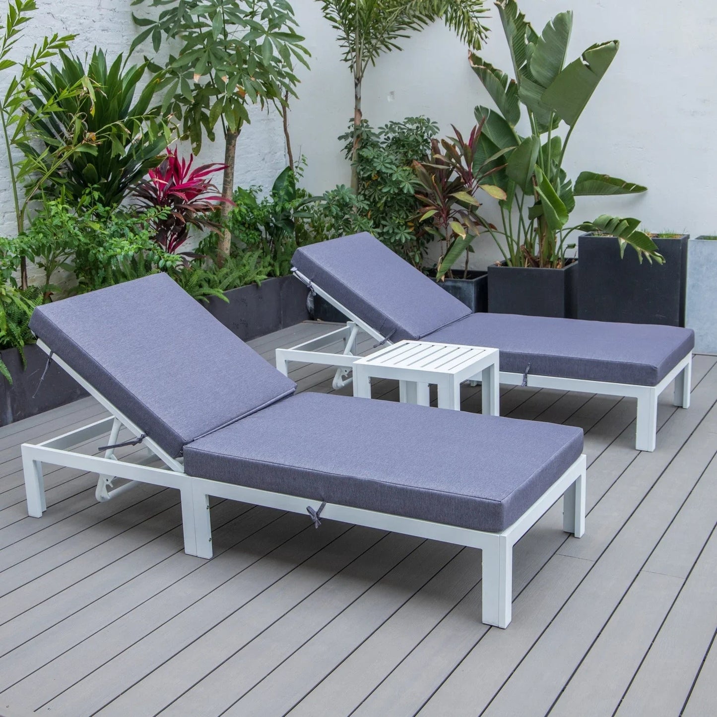 Chelsea Modern Outdoor White Chaise Lounge With Side Table & Cushions Set of Two - Elax Furniture