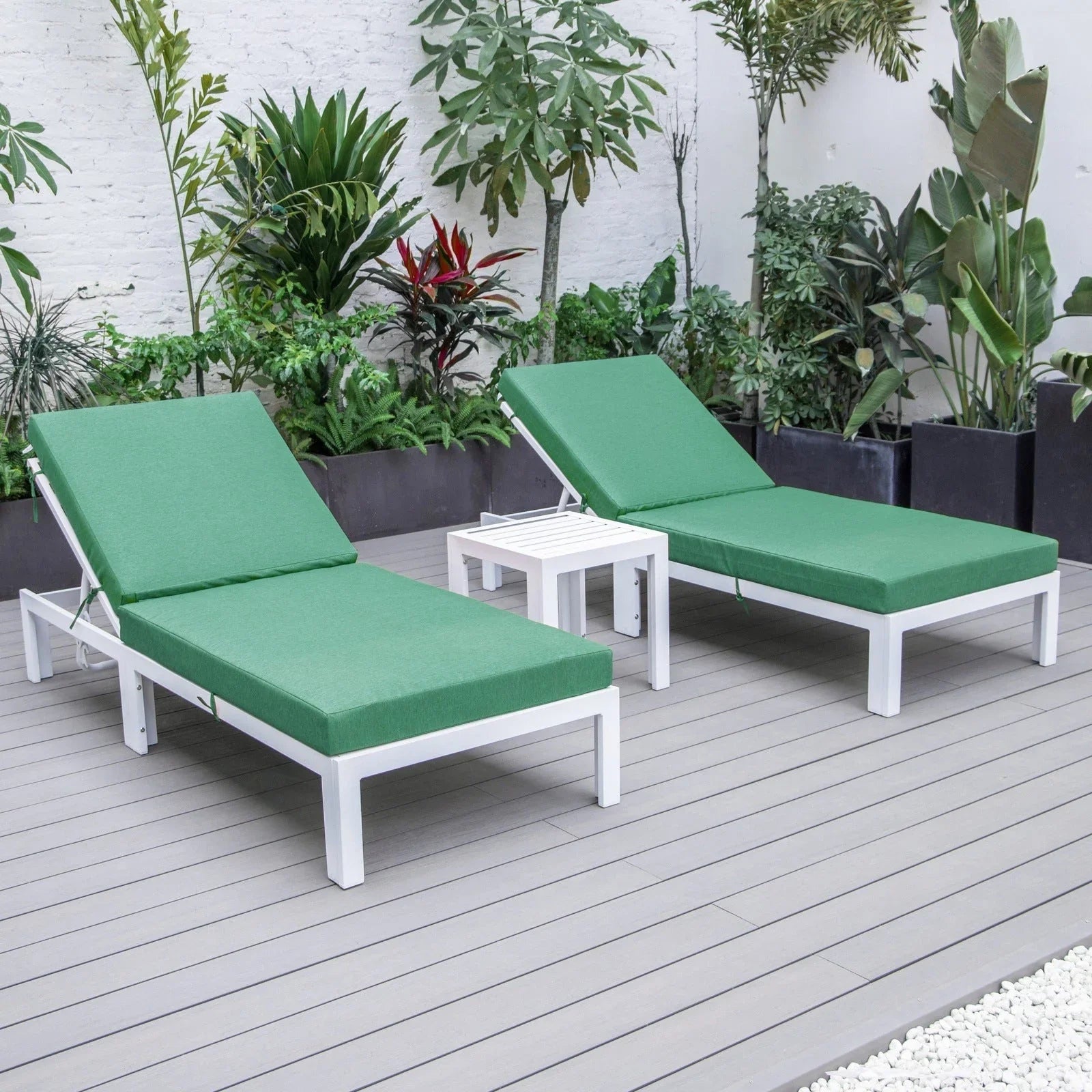 Chelsea Modern Outdoor White Chaise Lounge With Side Table & Cushions Set of Two - Elax Furniture