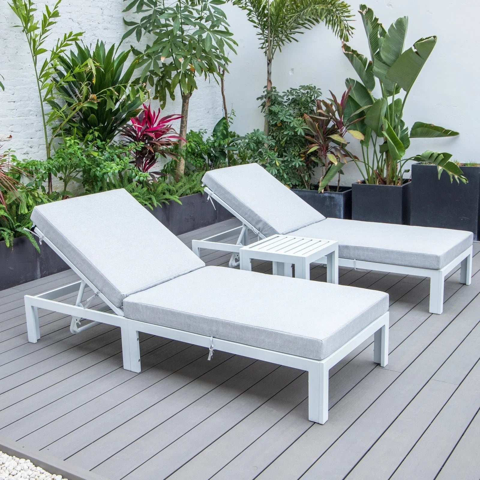 Chelsea Modern Outdoor White Chaise Lounge With Side Table & Cushions Set of Two - Elax Furniture
