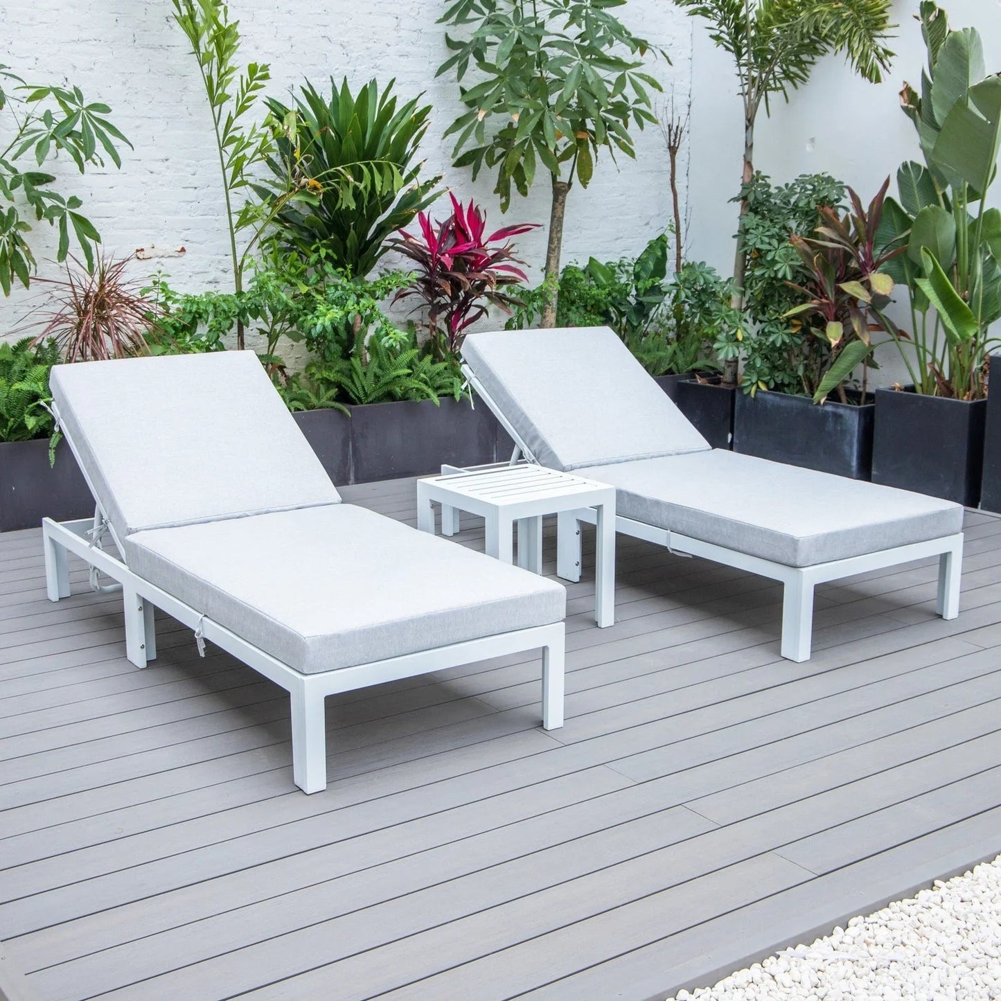 Chelsea Modern Outdoor White Chaise Lounge With Side Table & Cushions Set of Two - Elax Furniture