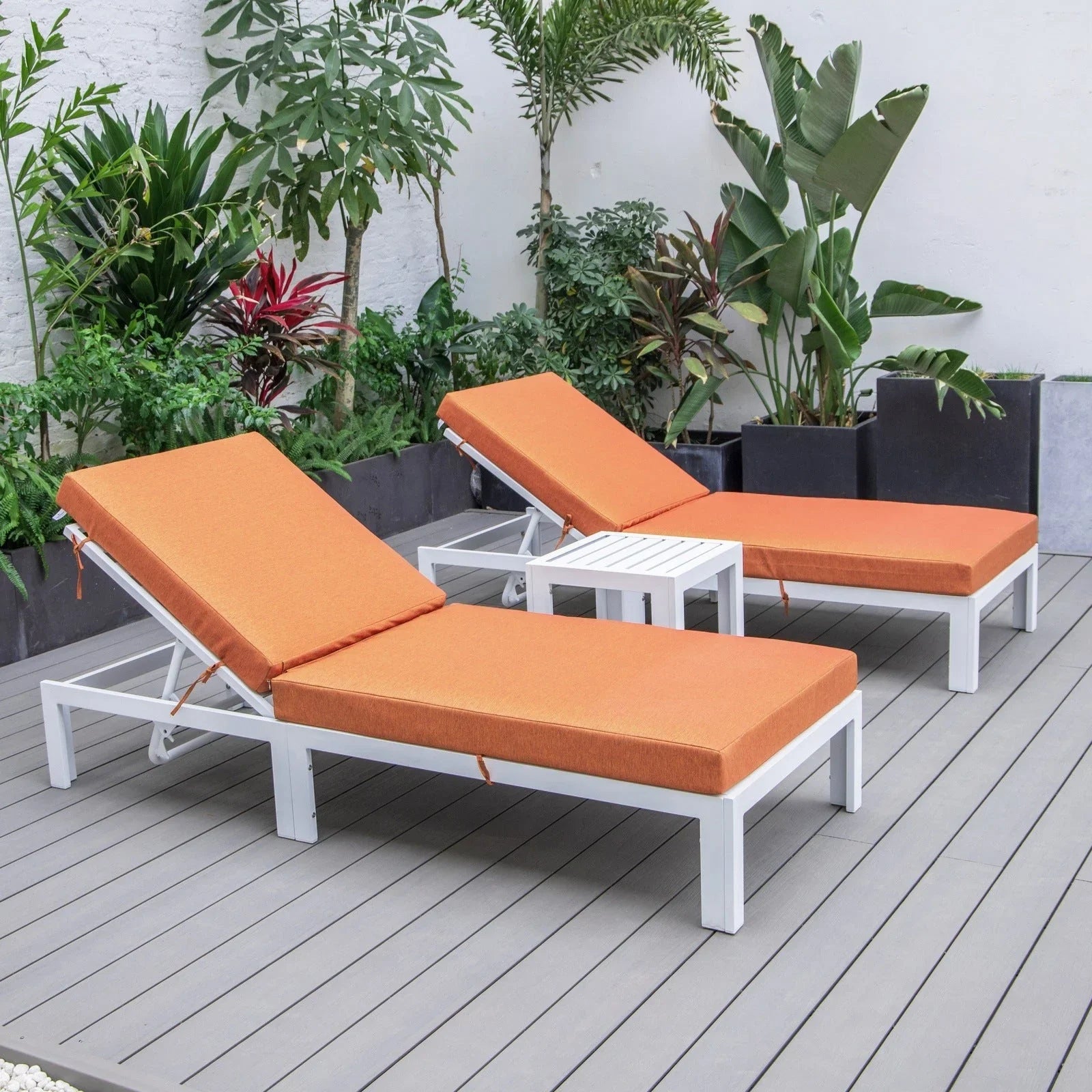 Chelsea Modern Outdoor White Chaise Lounge With Side Table & Cushions Set of Two - Elax Furniture