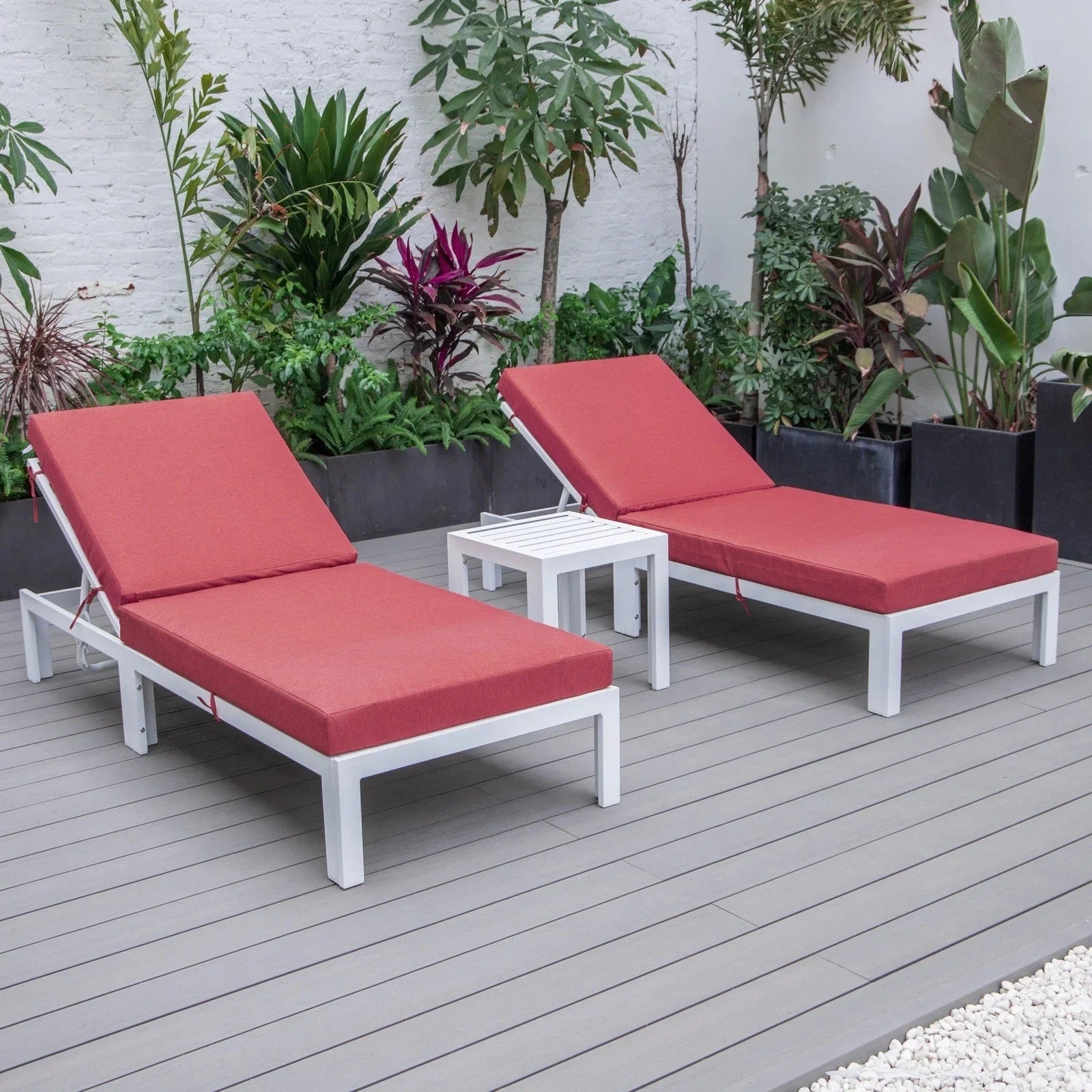 Chelsea Modern Outdoor White Chaise Lounge With Side Table & Cushions Set of Two - Elax Furniture