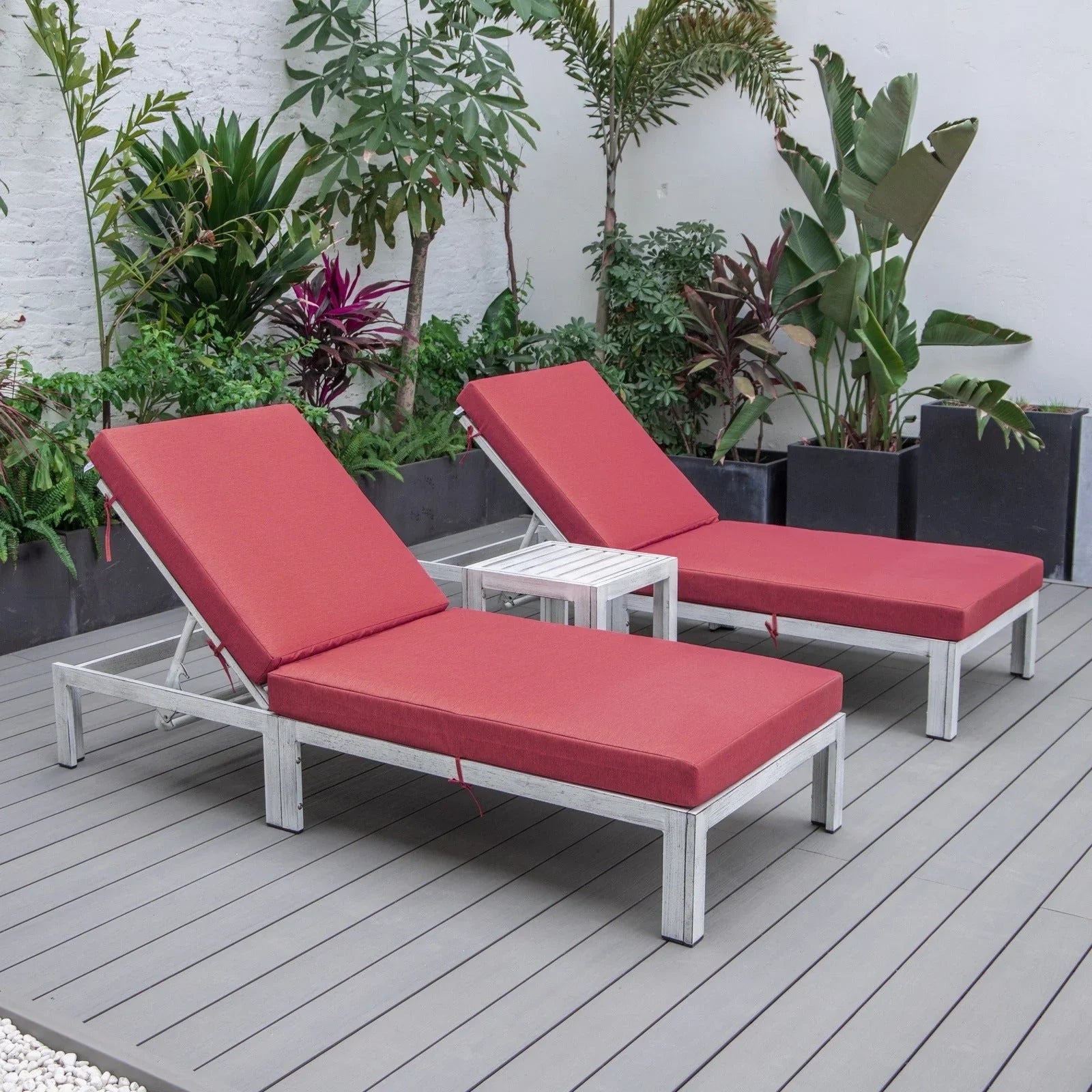 Chelsea Modern Outdoor Weathered Grey Chaise Lounge With Side Table & Cushions Set of Two - Elax Furniture