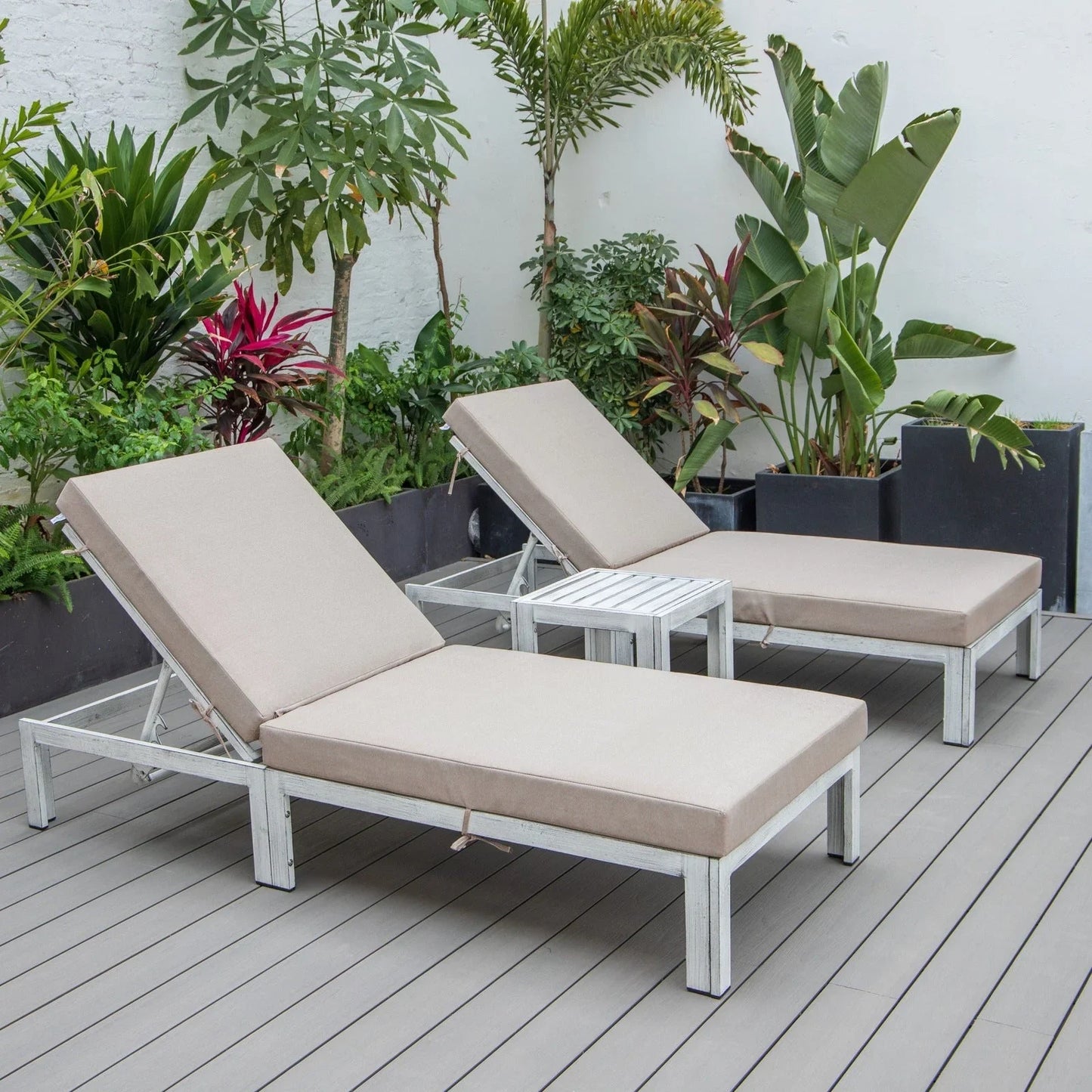 Chelsea Modern Outdoor Weathered Grey Chaise Lounge With Side Table & Cushions Set of Two - Elax Furniture