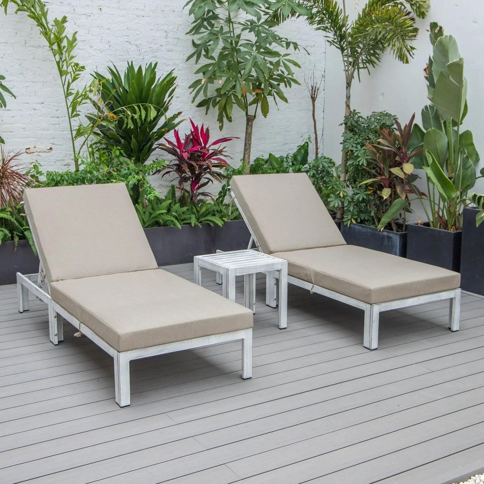 Chelsea Modern Outdoor Weathered Grey Chaise Lounge With Side Table & Cushions Set of Two - Elax Furniture