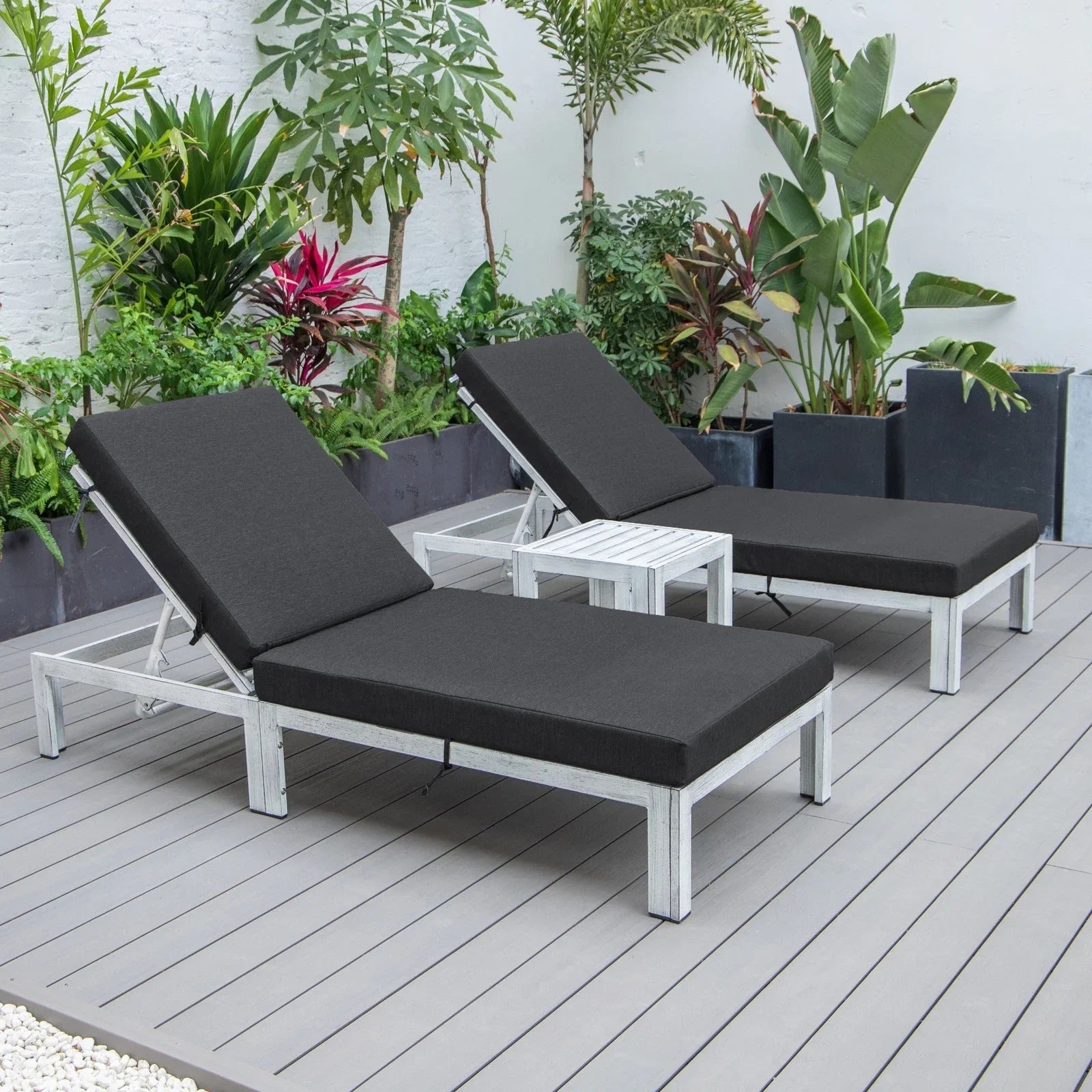 Chelsea Modern Outdoor Weathered Grey Chaise Lounge With Side Table & Cushions Set of Two - Elax Furniture