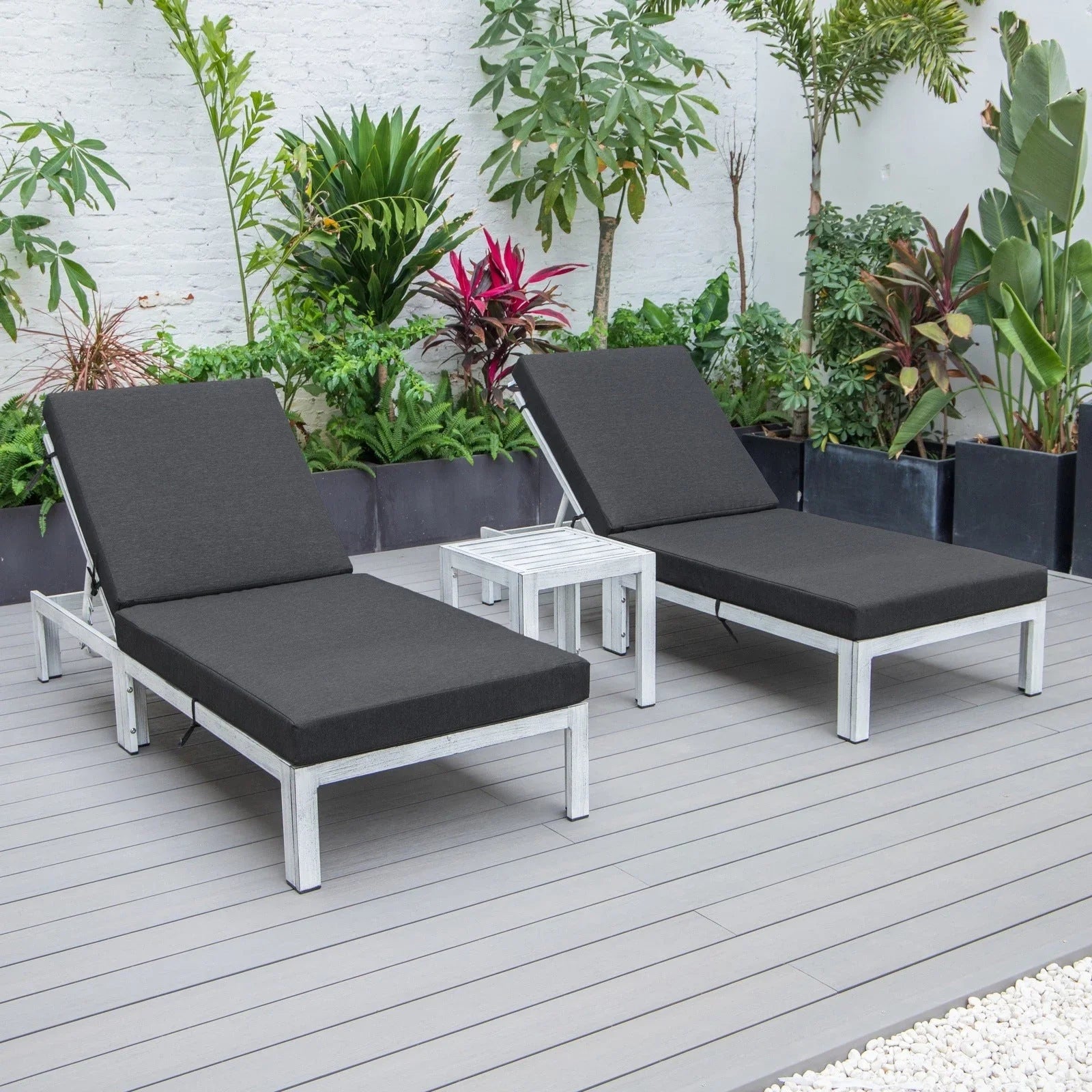 Chelsea Modern Outdoor Weathered Grey Chaise Lounge With Side Table & Cushions Set of Two - Elax Furniture