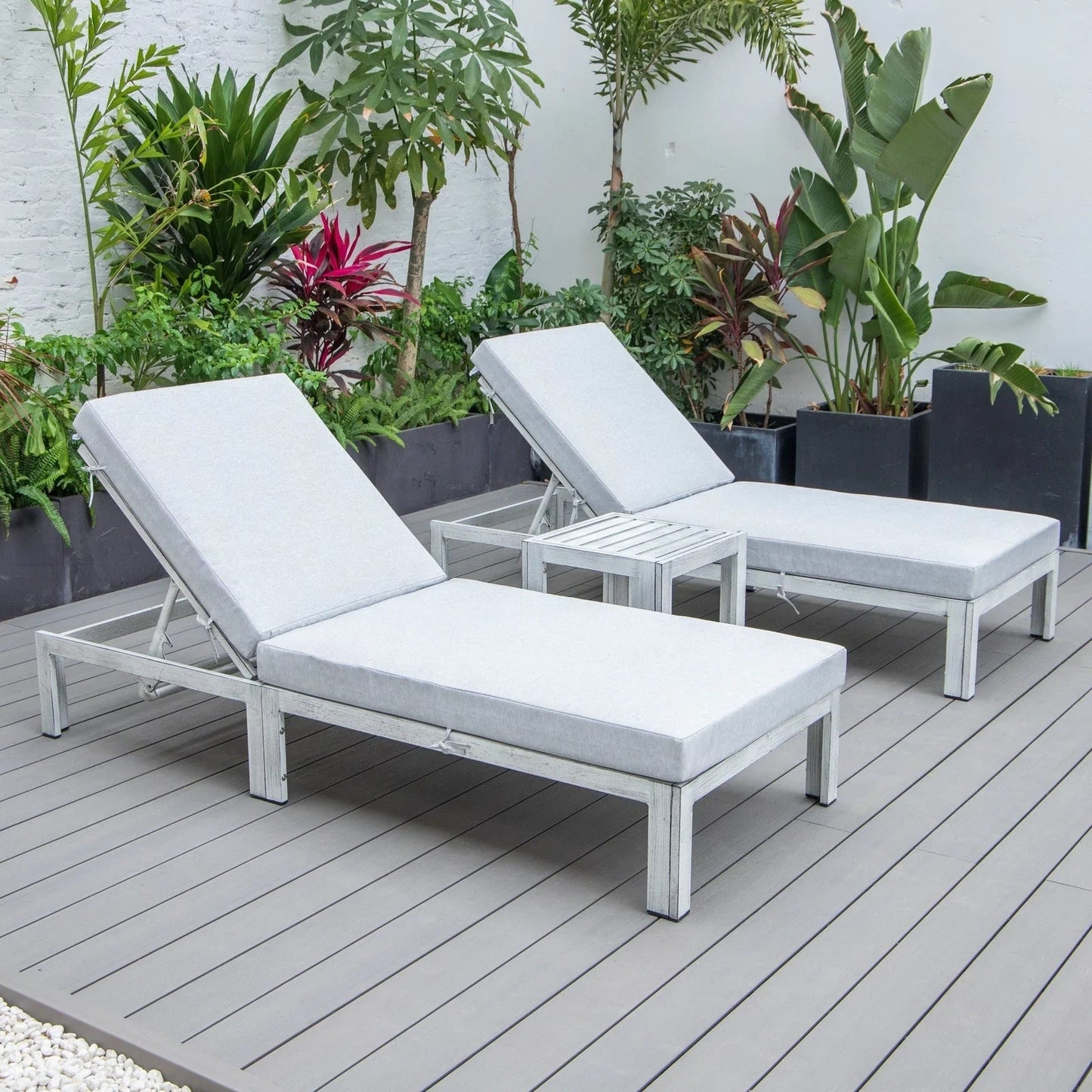 Chelsea Modern Outdoor Weathered Grey Chaise Lounge With Side Table & Cushions Set of Two - Elax Furniture