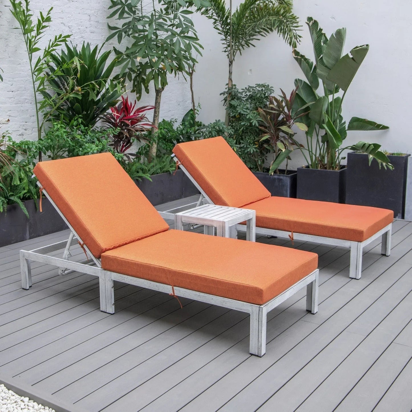 Chelsea Modern Outdoor Weathered Grey Chaise Lounge With Side Table & Cushions Set of Two - Elax Furniture