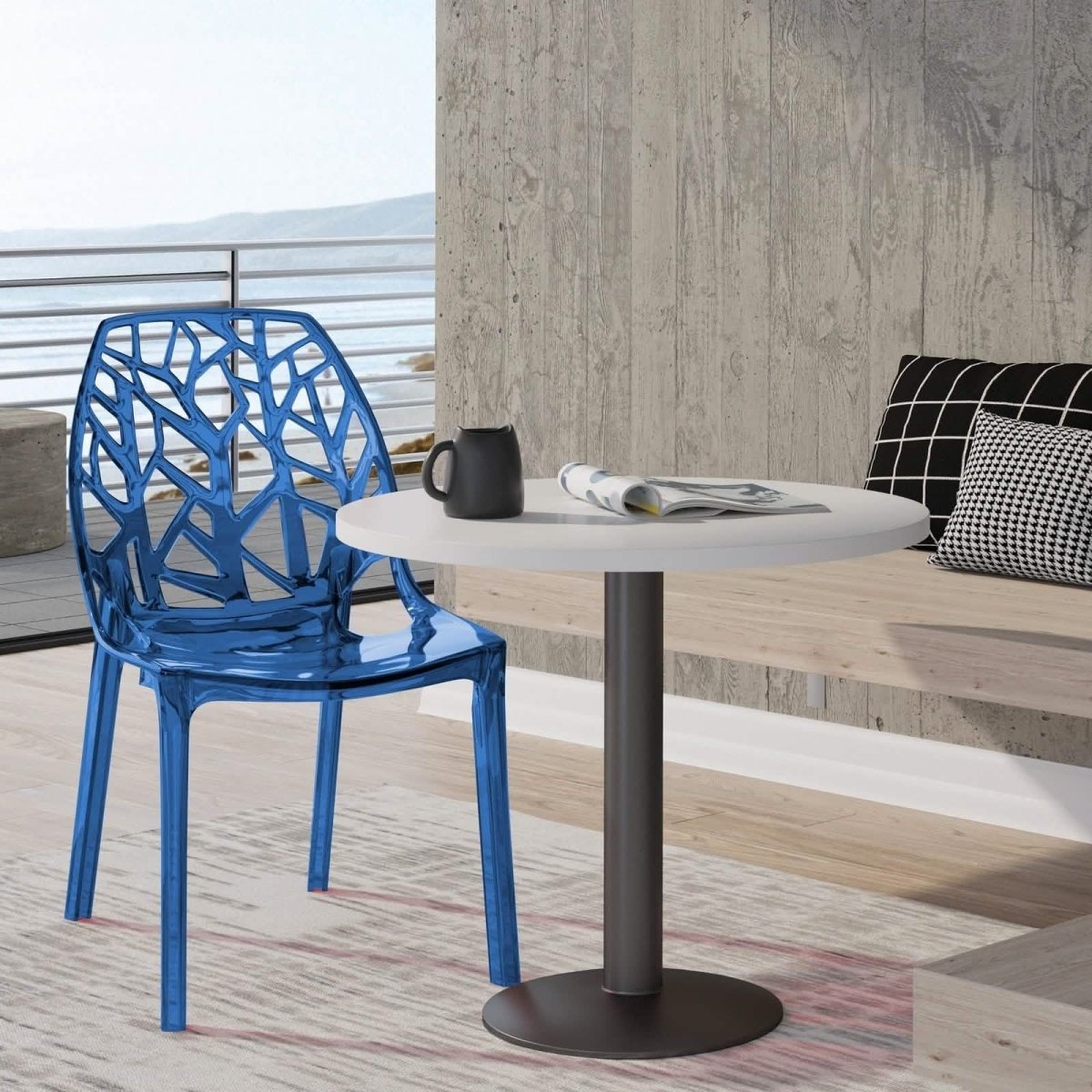 Cornelia Modern ABS Plastic Stackable Dining Chair with Cut-Out Tree Design Transparent Blue Dining Chair Leisuremod