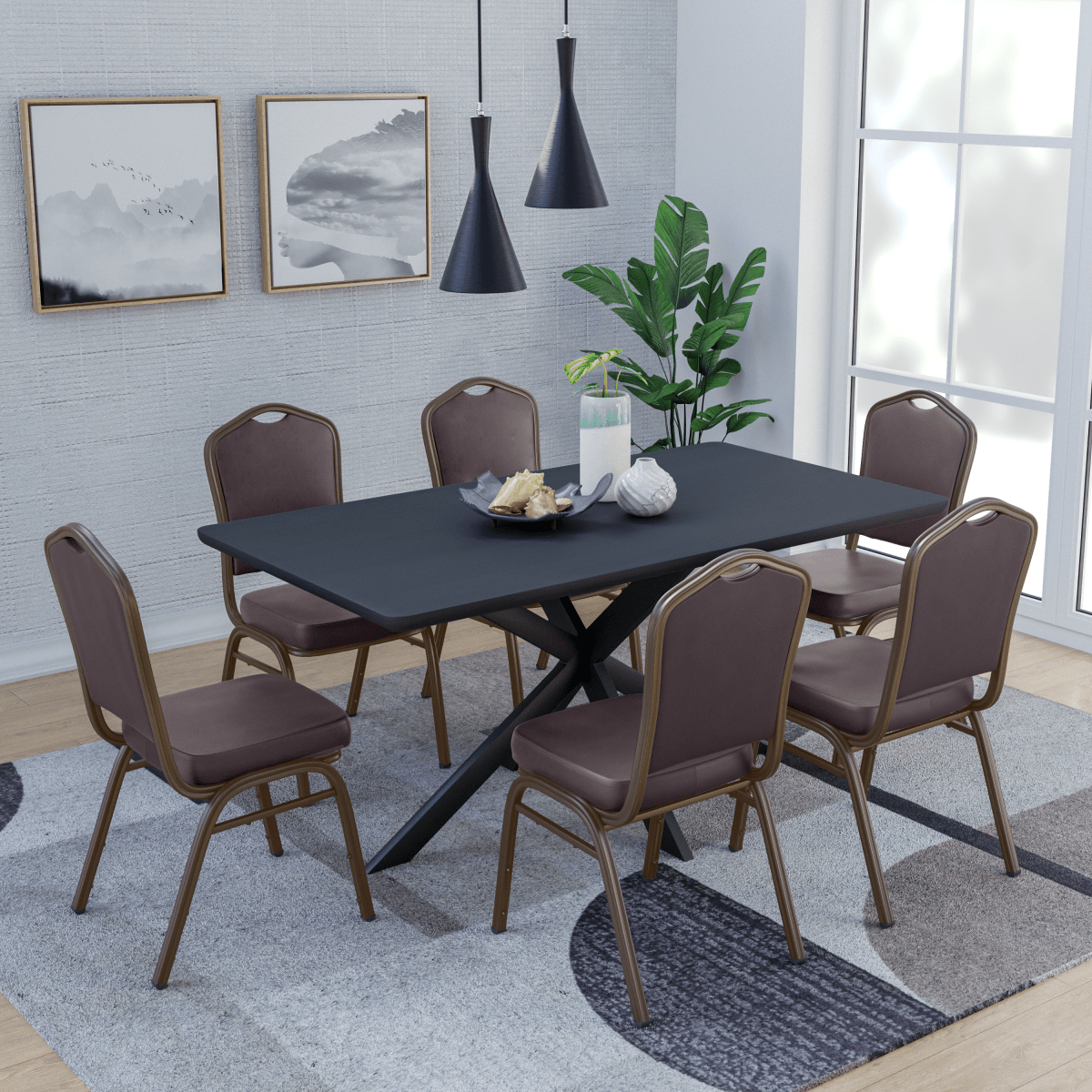 Cove Modern Stackable Banquet Chair with Powder Coated Steel Frame Brown Dining Chair Leisuremod