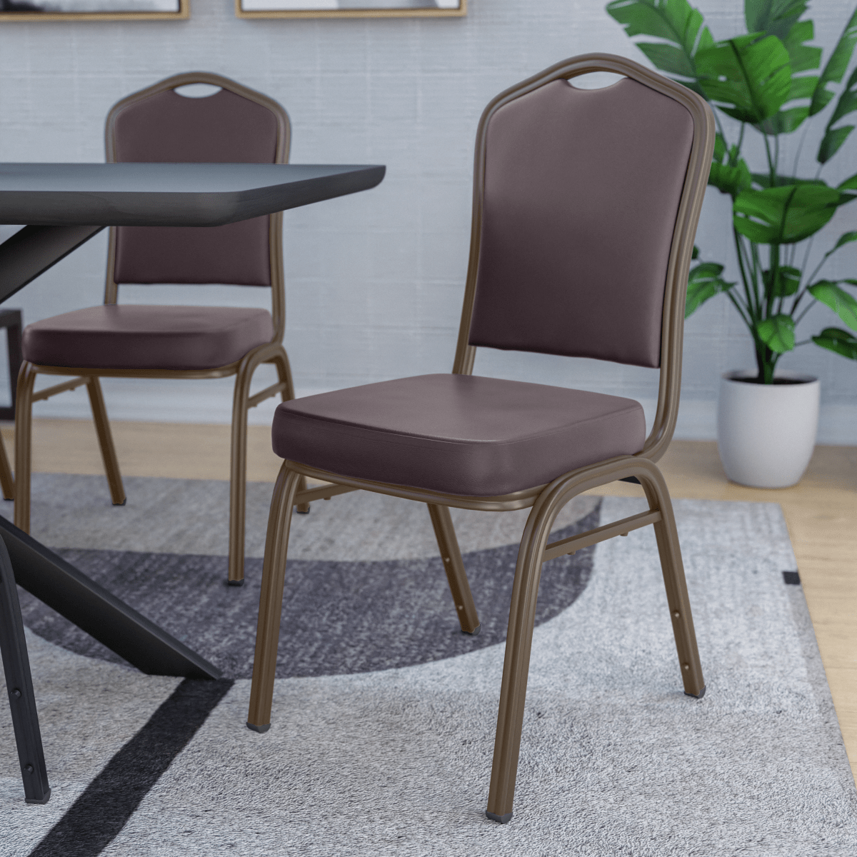 Cove Modern Stackable Banquet Chair with Powder Coated Steel Frame Brown Dining Chair Leisuremod