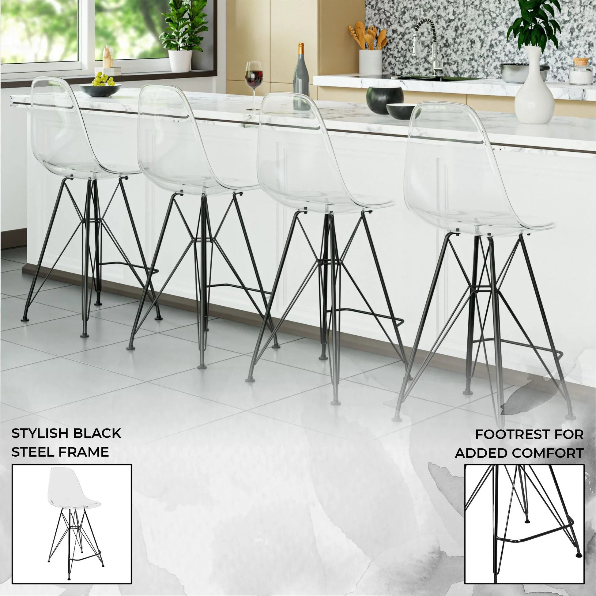 Cresco Modern Acrylic Barstool in Chrome Base for Kitchen and Dining Room - Elax Furniture