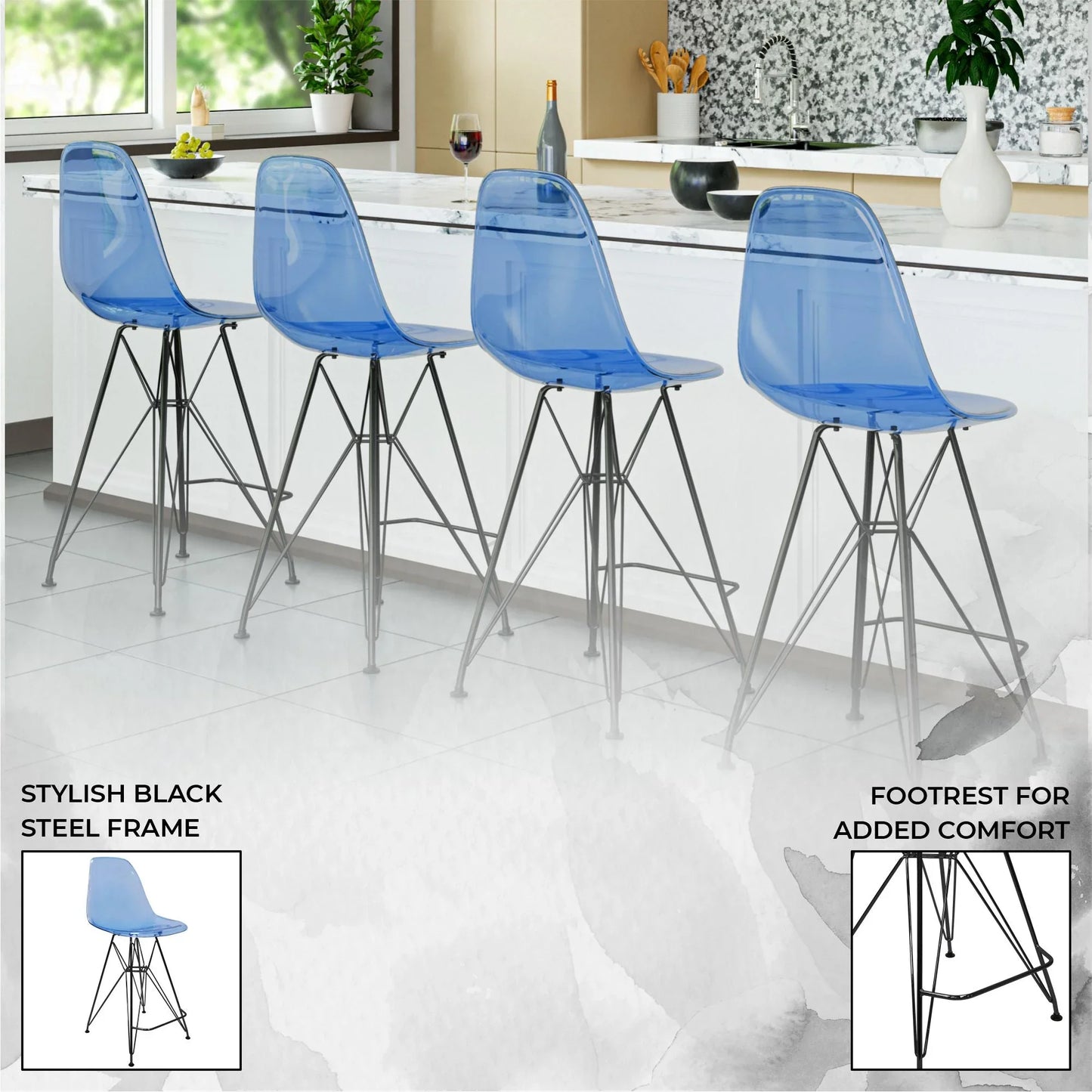 Cresco Modern Acrylic Barstool in Chrome Base for Kitchen and Dining Room - Elax Furniture