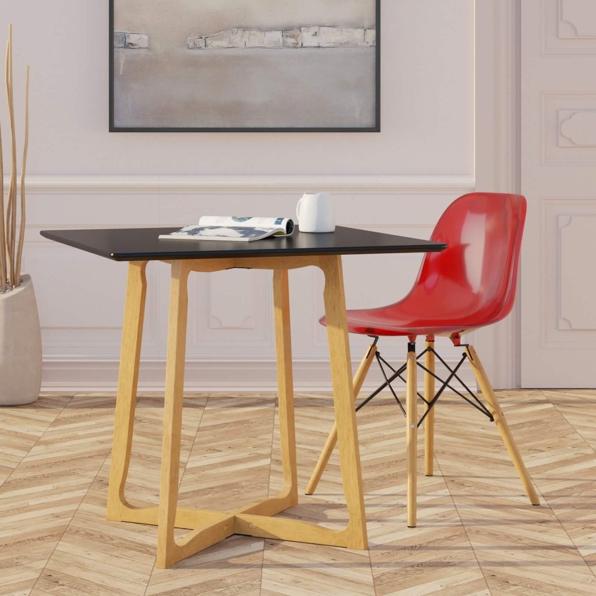 Cresco Modern Dining Side Chair in Curved Back Design with Multiple Base Options: Wood, Acrylic, Chrome & Gold Eiffel Design Wood Brown Transparent Red Dining Chair Leisuremod