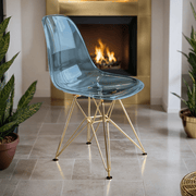 Cresco Modern Dining Side Chair in Curved Back Design with Multiple Base Options: Wood, Acrylic, Chrome & Gold Eiffel Design Stainless Steel Gold Transparent Blue Dining Chair Leisuremod