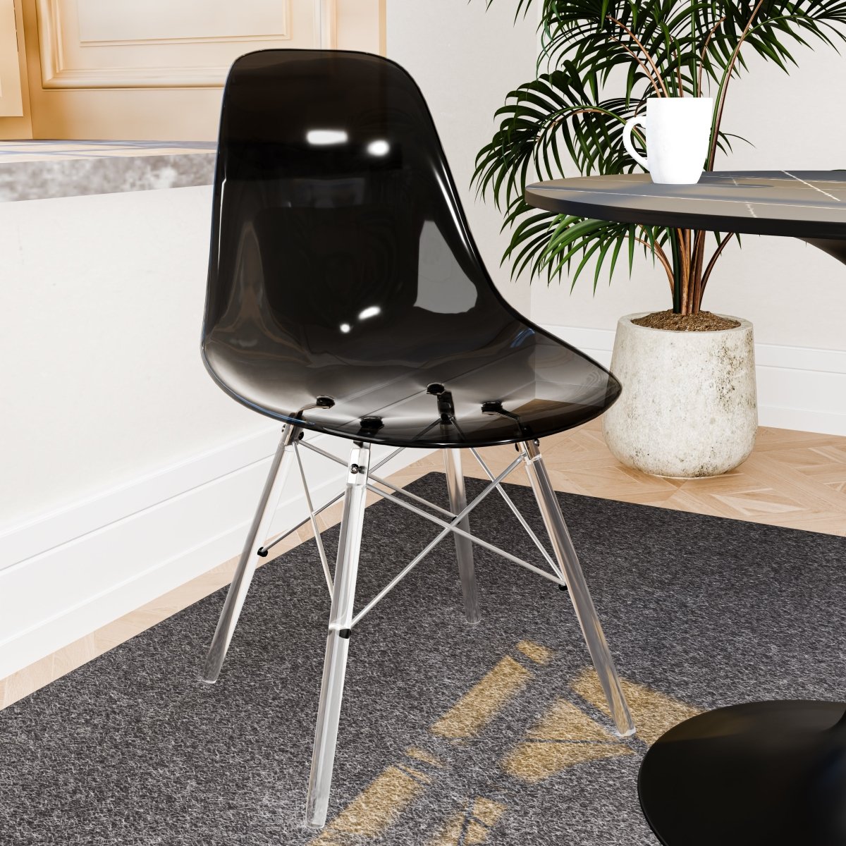Cresco Modern Dining Side Chair in Curved Back Design with Multiple Base Options: Wood, Acrylic, Chrome & Gold Eiffel Design Acrylic Transparent Transparent Black Dining Chair Leisuremod