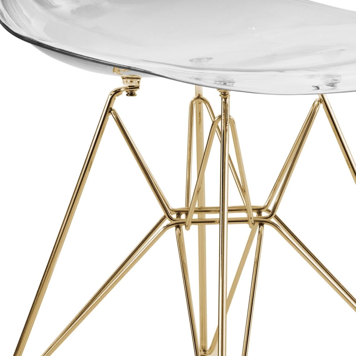 Cresco Modern Dining Side Chair in Curved Back Design with Multiple Base Options: Wood, Acrylic, Chrome & Gold Eiffel Design Stainless Steel Gold Clear Dining Chair Leisuremod