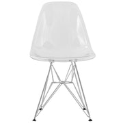 Cresco Modern Dining Side Chair in Curved Back Design with Multiple Base Options: Wood, Acrylic, Chrome & Gold Eiffel Design Stainless Steel Silver Clear Dining Chair Leisuremod
