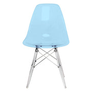 Cresco Modern Dining Side Chair in Curved Back Design with Multiple Base Options: Wood, Acrylic, Chrome & Gold Eiffel Design Acrylic Transparent Transparent Blue Dining Chair Leisuremod