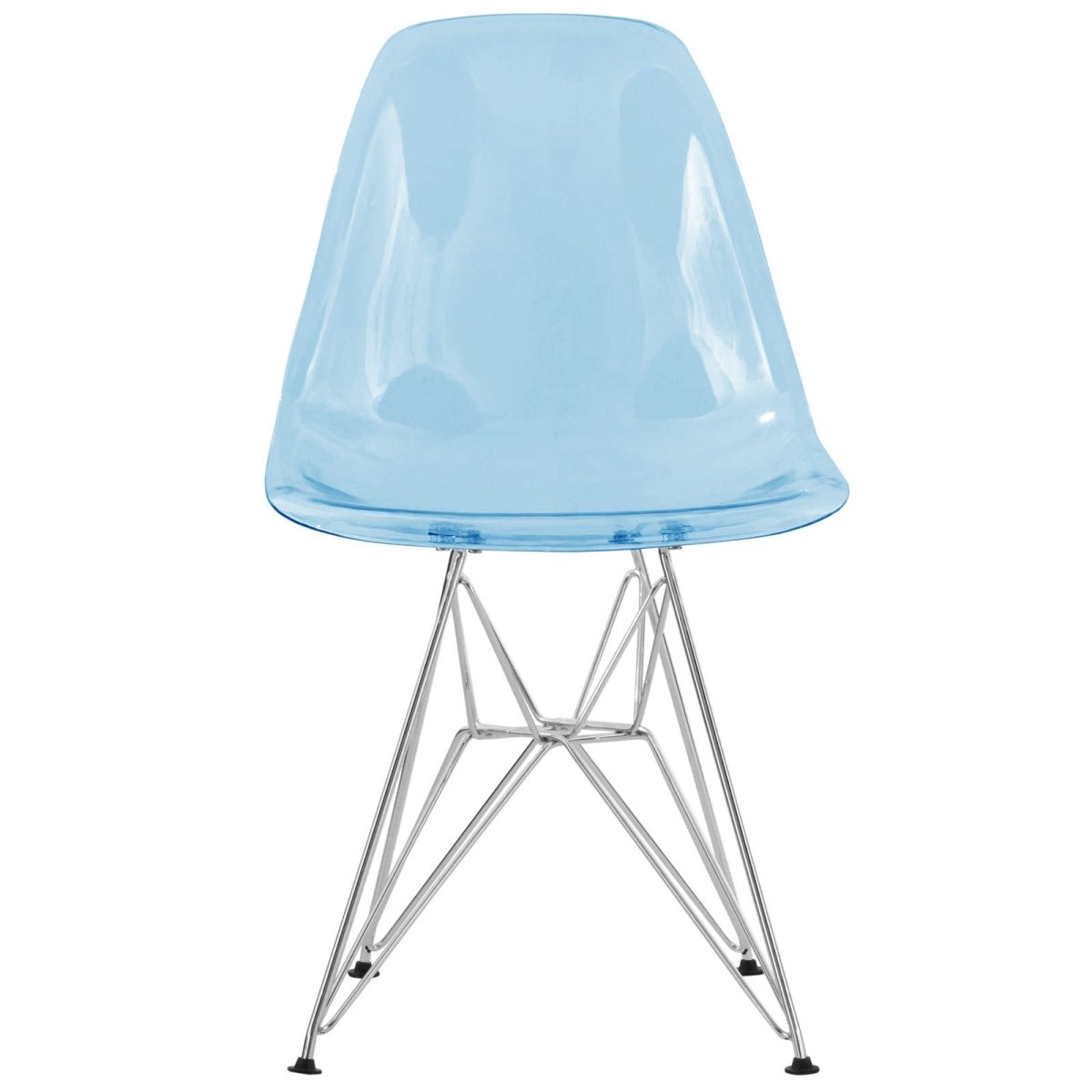 Cresco Modern Dining Side Chair in Curved Back Design with Multiple Base Options: Wood, Acrylic, Chrome & Gold Eiffel Design Stainless Steel Silver Transparent Blue Dining Chair Leisuremod