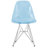 Cresco Modern Dining Side Chair in Curved Back Design with Multiple Base Options: Wood, Acrylic, Chrome & Gold Eiffel Design Stainless Steel Silver Transparent Blue Dining Chair Leisuremod