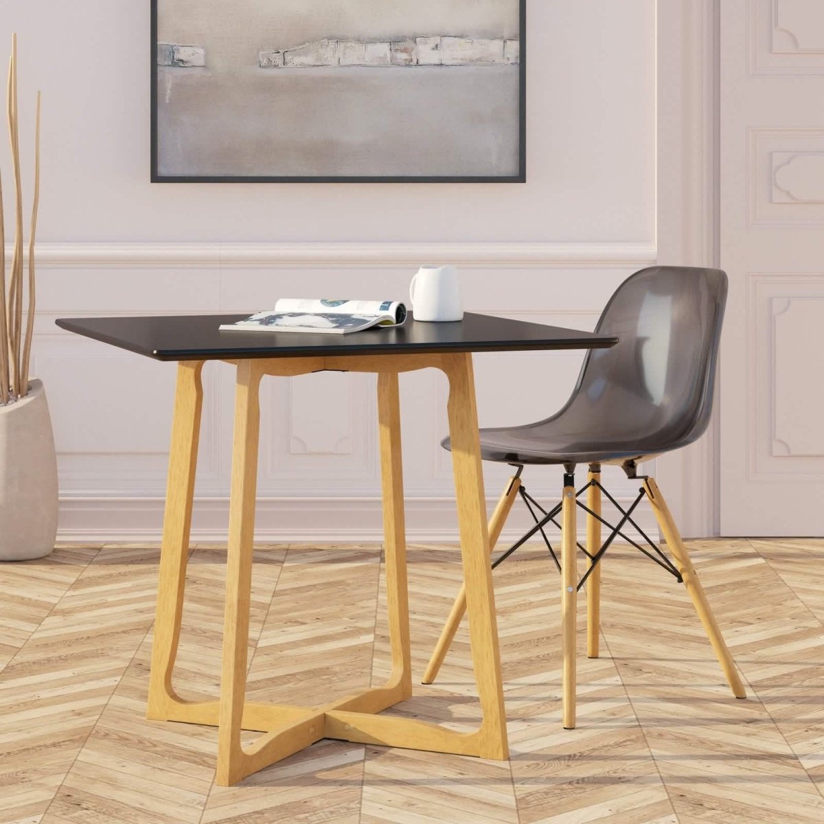 Cresco Modern Dining Side Chair in Curved Back Design with Multiple Base Options: Wood, Acrylic, Chrome & Gold Eiffel Design Wood Brown Transparent Black Dining Chair Leisuremod