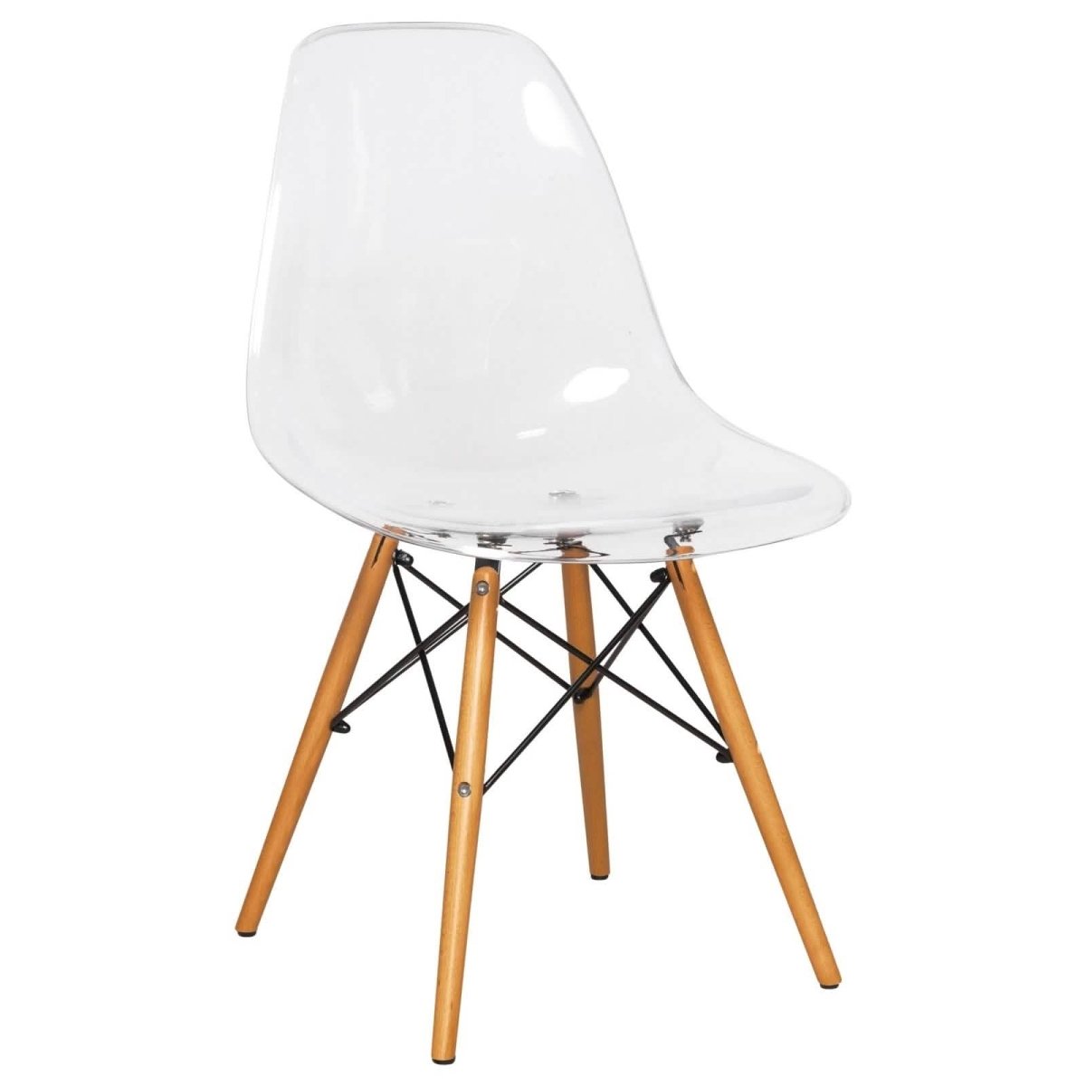 Cresco Modern Dining Side Chair in Curved Back Design with Multiple Base Options: Wood, Acrylic, Chrome & Gold Eiffel Design Wood Brown Clear Dining Chair Leisuremod