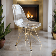 Cresco Modern Dining Side Chair in Curved Back Design with Multiple Base Options: Wood, Acrylic, Chrome & Gold Eiffel Design Stainless Steel Gold Clear Dining Chair Leisuremod