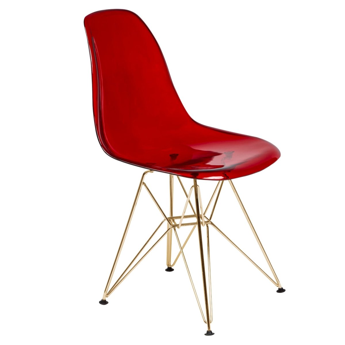 Cresco Modern Dining Side Chair in Curved Back Design with Multiple Base Options: Wood, Acrylic, Chrome & Gold Eiffel Design Stainless Steel Gold Transparent Red Dining Chair Leisuremod