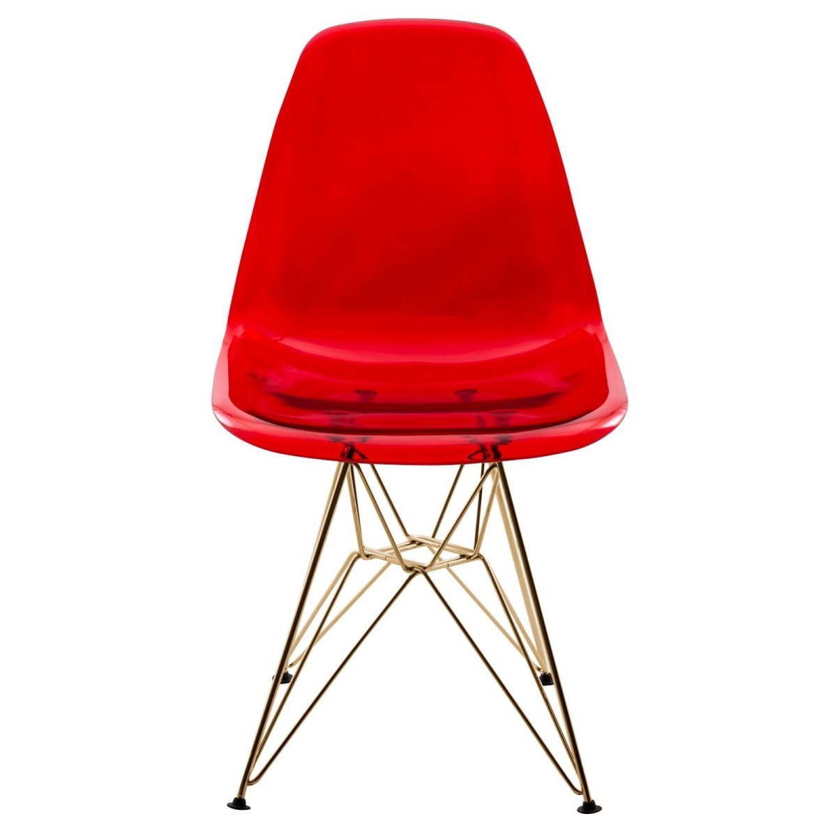 Cresco Modern Dining Side Chair in Curved Back Design with Multiple Base Options: Wood, Acrylic, Chrome & Gold Eiffel Design Stainless Steel Gold Transparent Red Dining Chair Leisuremod