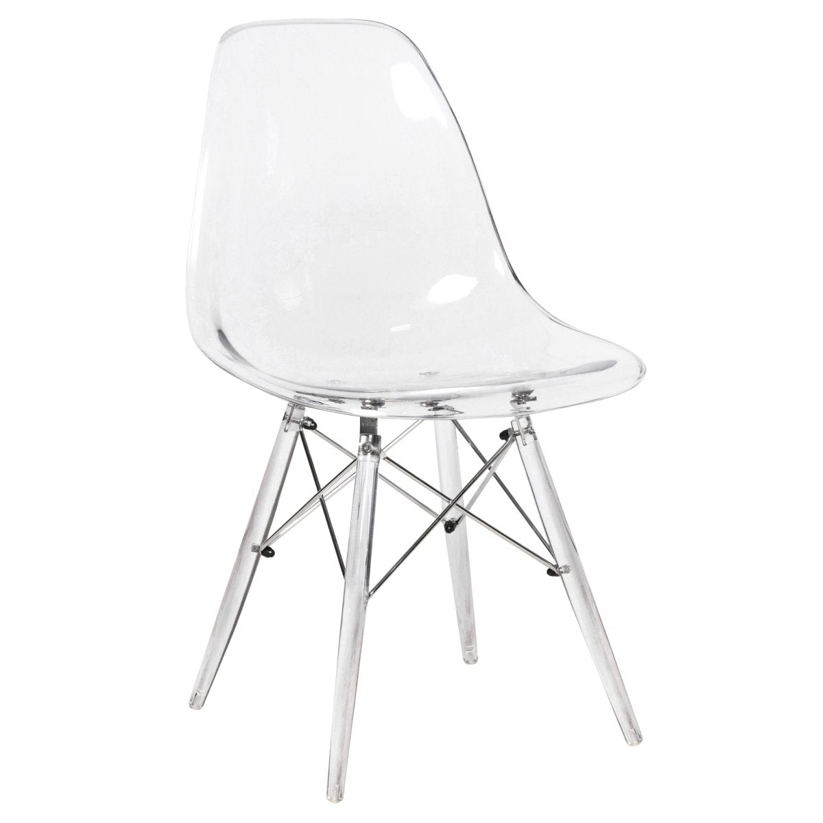 Cresco Modern Dining Side Chair in Curved Back Design with Multiple Base Options: Wood, Acrylic, Chrome & Gold Eiffel Design Acrylic Transparent Clear Dining Chair Leisuremod