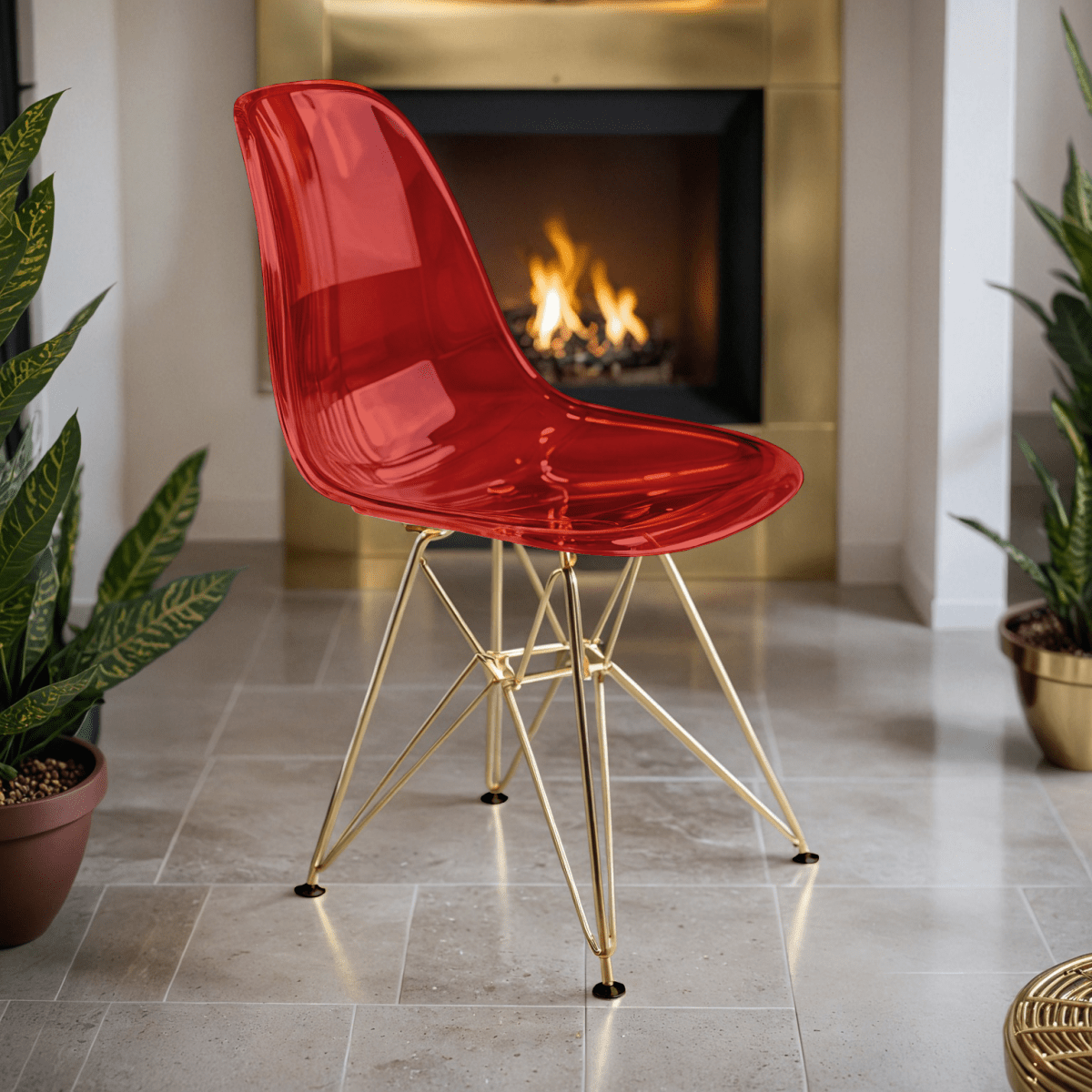 Cresco Modern Dining Side Chair in Curved Back Design with Multiple Base Options: Wood, Acrylic, Chrome & Gold Eiffel Design Stainless Steel Gold Transparent Red Dining Chair Leisuremod
