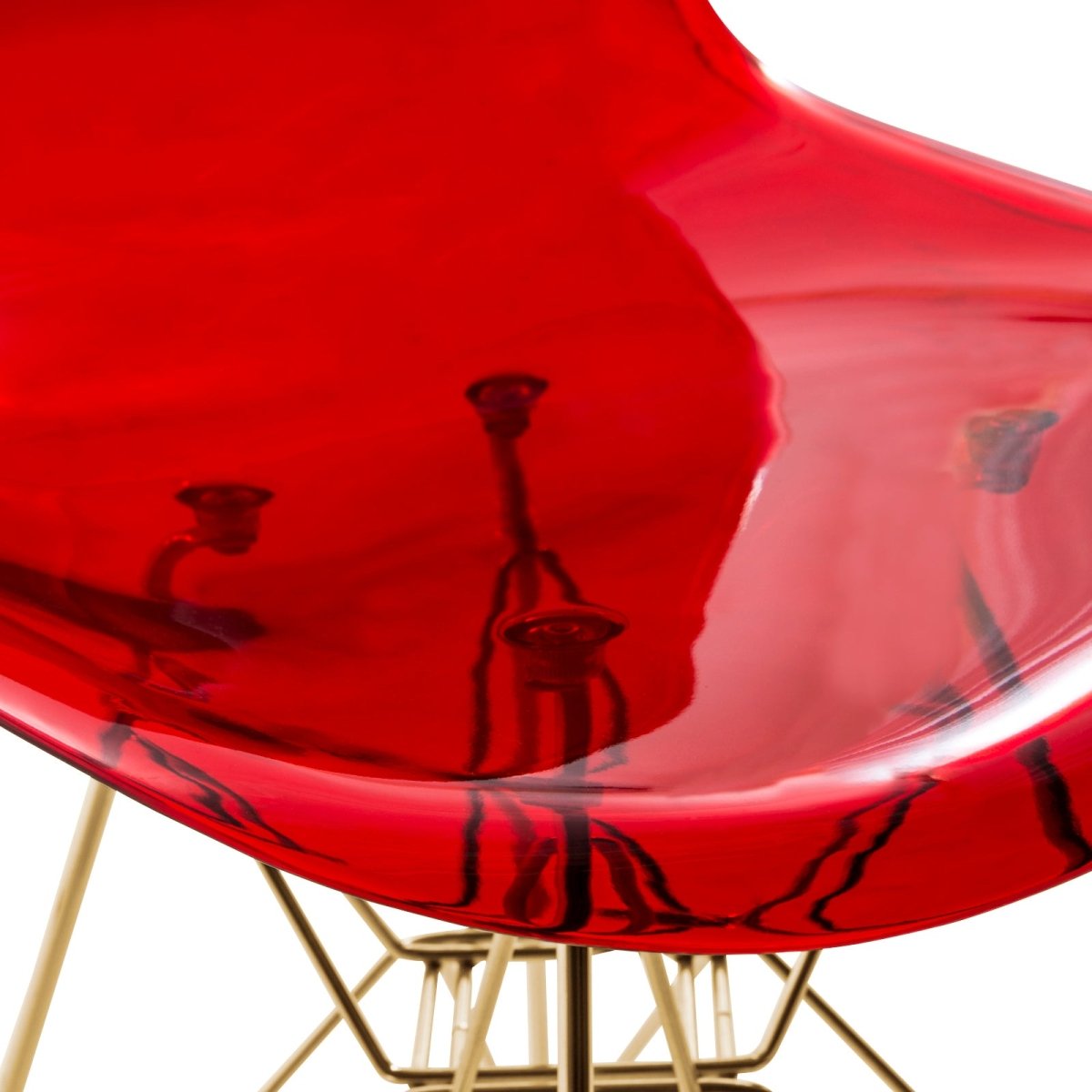 Cresco Modern Dining Side Chair in Curved Back Design with Multiple Base Options: Wood, Acrylic, Chrome & Gold Eiffel Design Stainless Steel Gold Transparent Red Dining Chair Leisuremod