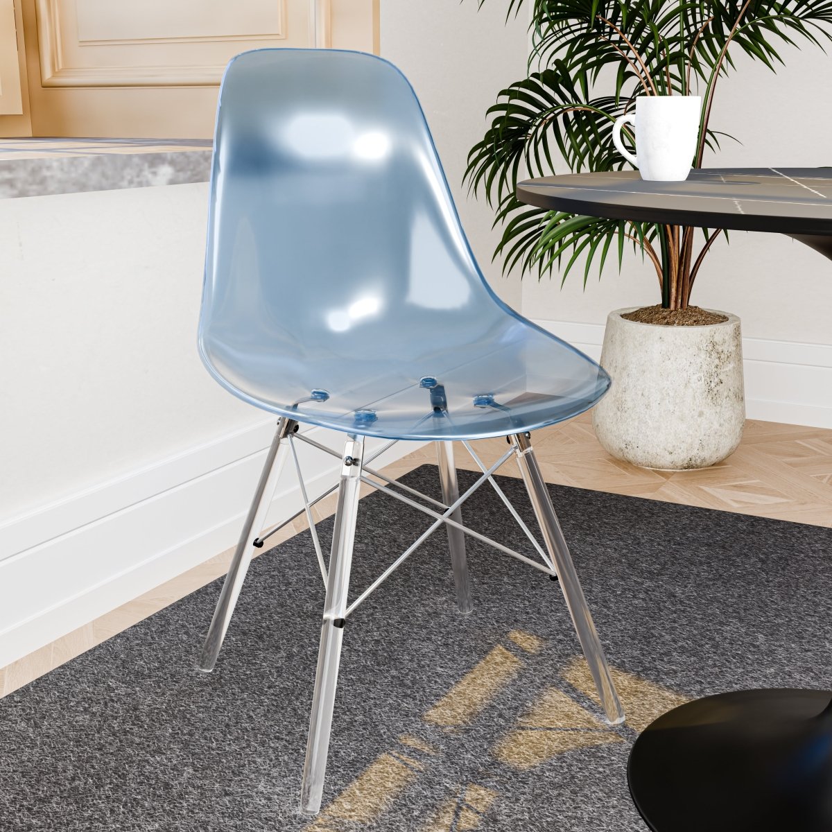 Cresco Modern Dining Side Chair in Curved Back Design with Multiple Base Options: Wood, Acrylic, Chrome & Gold Eiffel Design Acrylic Transparent Transparent Blue Dining Chair Leisuremod