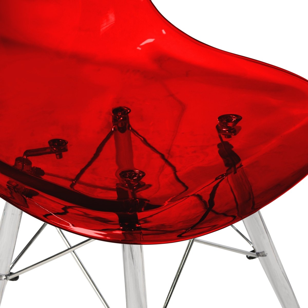 Cresco Modern Dining Side Chair in Curved Back Design with Multiple Base Options: Wood, Acrylic, Chrome & Gold Eiffel Design Acrylic Transparent Transparent Red Dining Chair Leisuremod