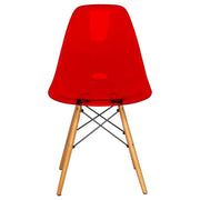 Cresco Modern Dining Side Chair in Curved Back Design with Multiple Base Options: Wood, Acrylic, Chrome & Gold Eiffel Design Wood Brown Transparent Red Dining Chair Leisuremod